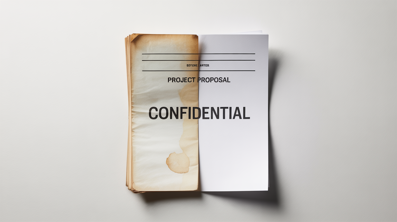 A photorealistic image of a document split in half, showing a before and after comparison. One side is old, stained, and creased, while the other side is pristine and clean, illustrating the function of a scanned document editor.