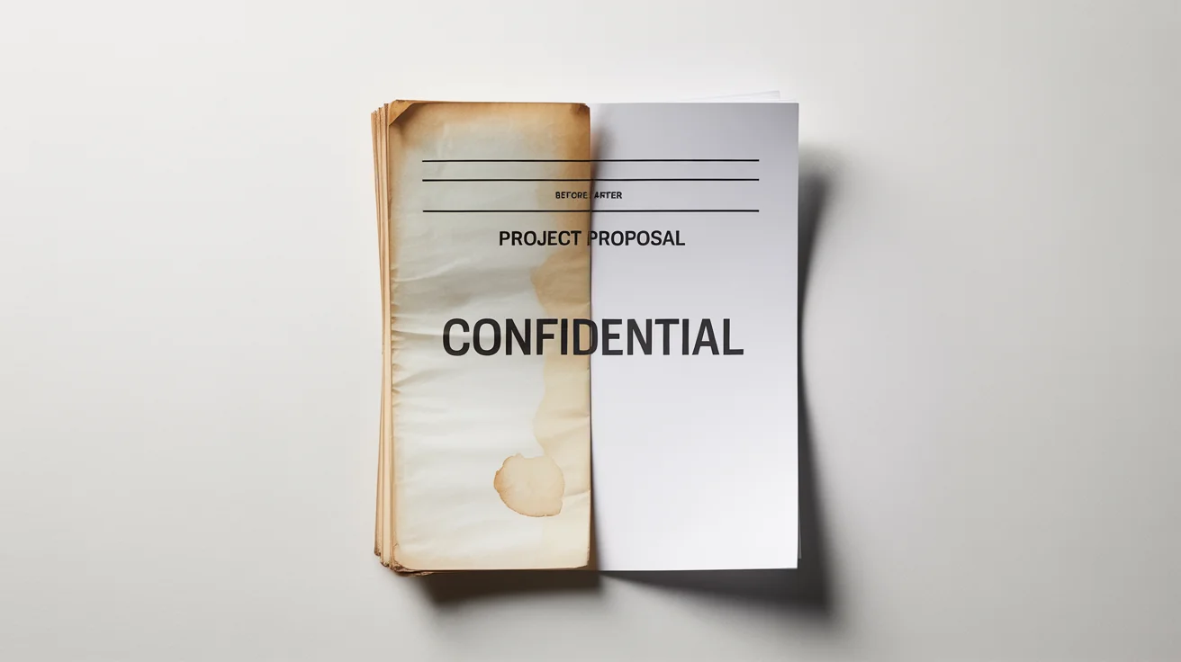 A photorealistic image of a document split in half, showing a before and after comparison. One side is old, stained, and creased, while the other side is pristine and clean, illustrating the function of a scanned document editor.