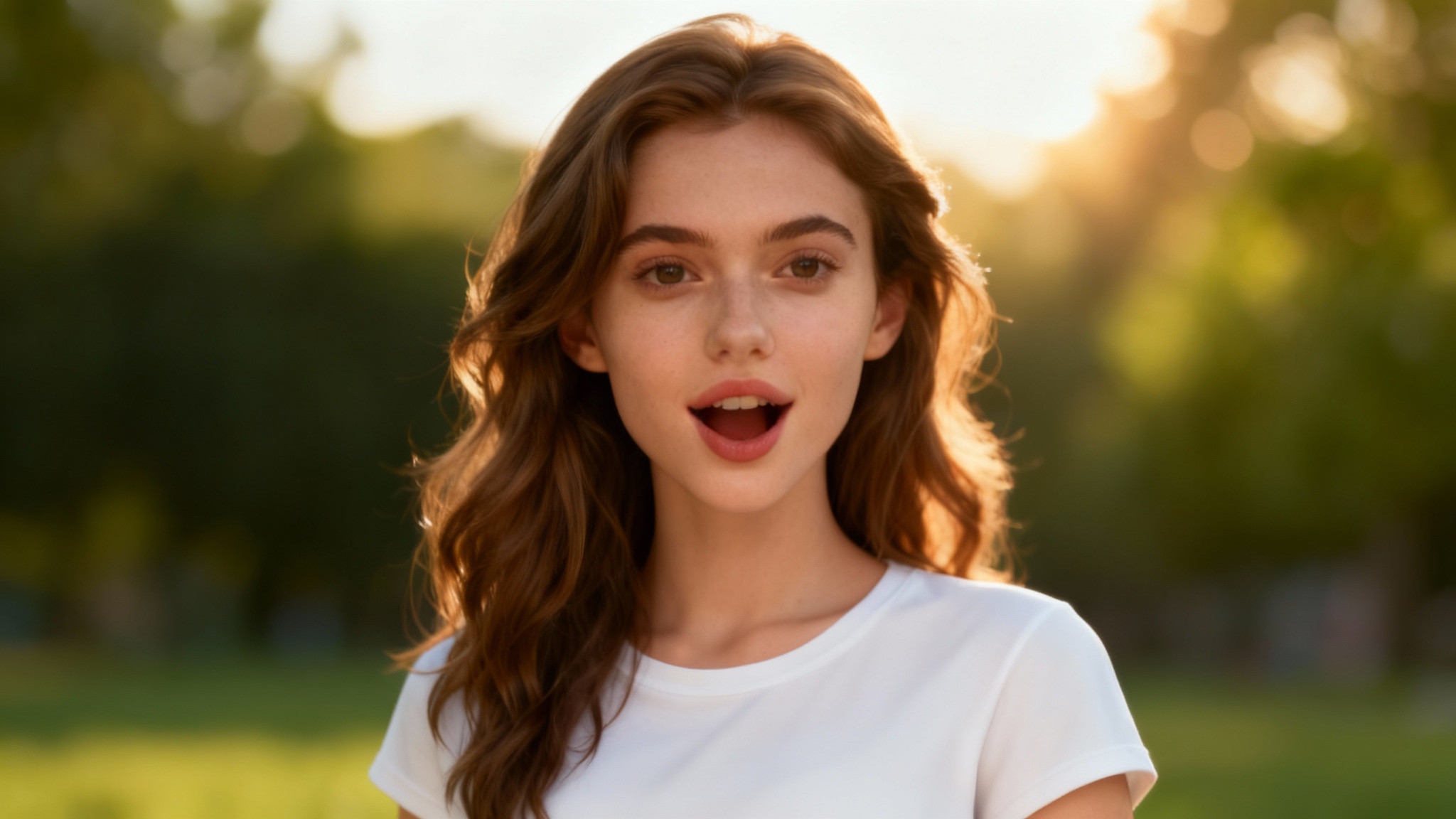A photorealistic still from an AI-generated video showing a young woman with brown hair speaking, her mouth open mid-word in a natural expression. The background is a soft-focus outdoor scene.