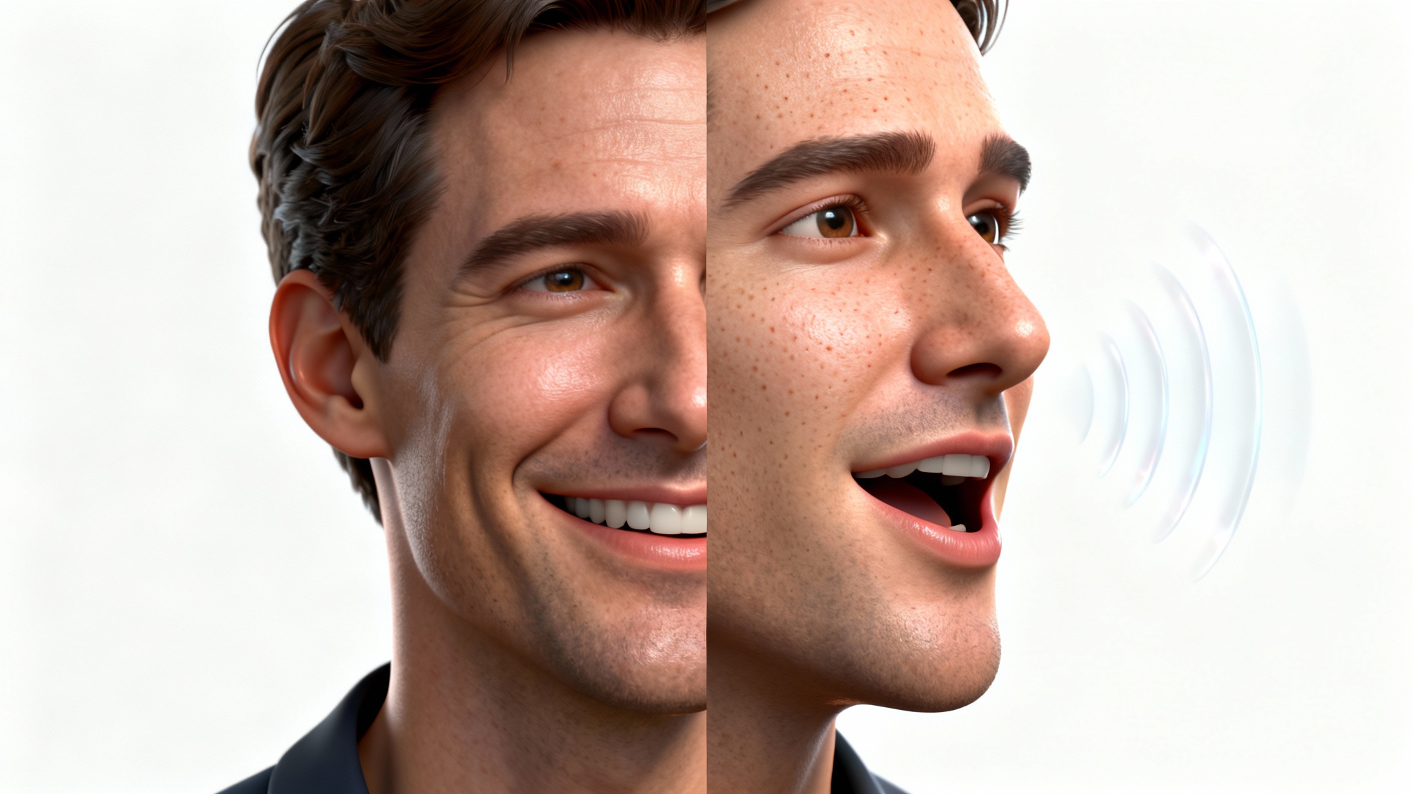 A conceptual mockup showing a man's face, half as a static photograph and the other half as a dynamic 3D avatar that is speaking, set against a white background.