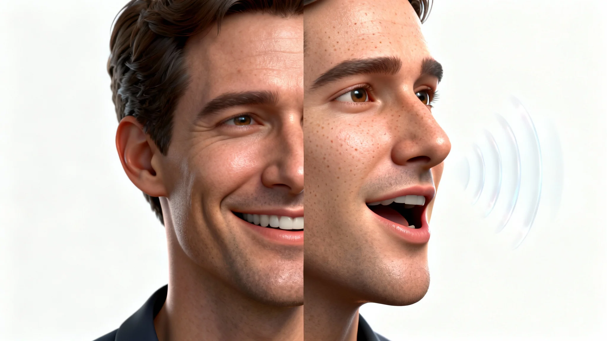 A conceptual mockup showing a man's face, half as a static photograph and the other half as a dynamic 3D avatar that is speaking, set against a white background.