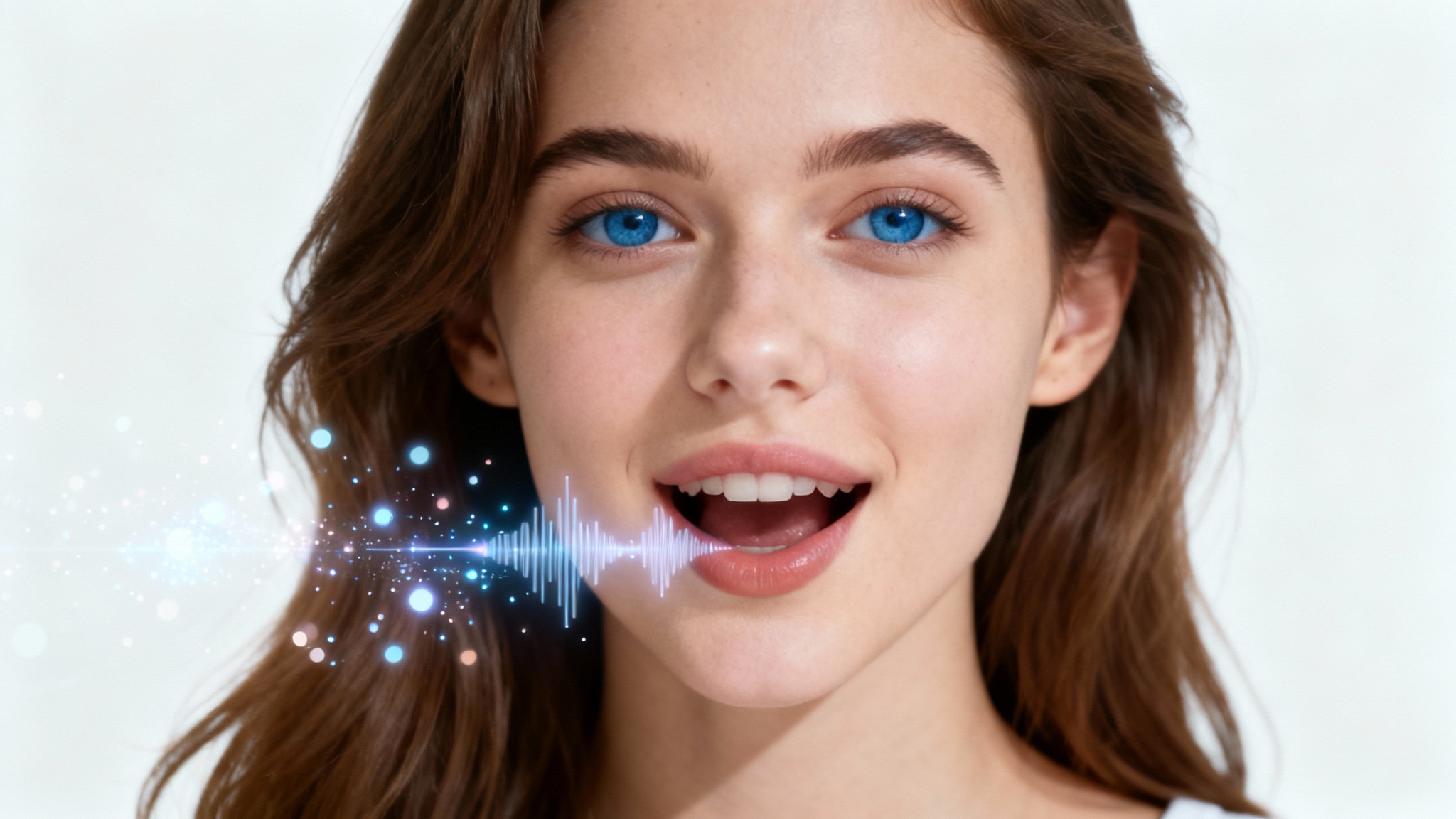 A photorealistic digital avatar of a young woman with brown hair, shown from the shoulders up against a white background. She is looking forward and speaking, with stylized digital soundwaves coming from her mouth.