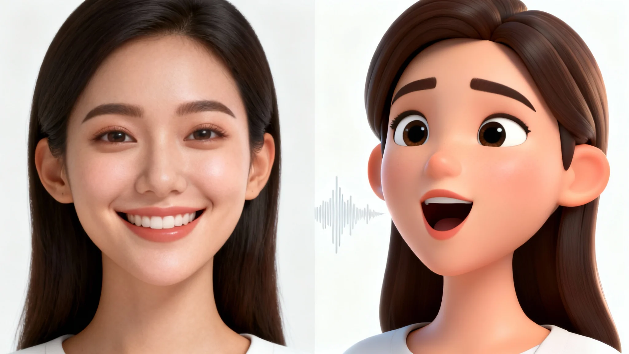 A before-and-after style mockup showing a static photo of a woman on the left and an animated, talking version of her on the right, set against a white background to illustrate the talking avatar feature.