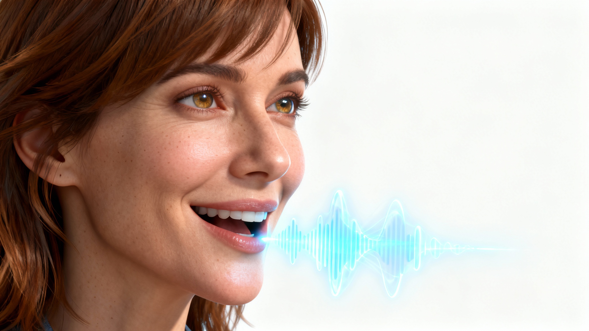 A photorealistic digital avatar of a woman's head and shoulders, shown against a white background. She is smiling and appears to be in the middle of speaking.