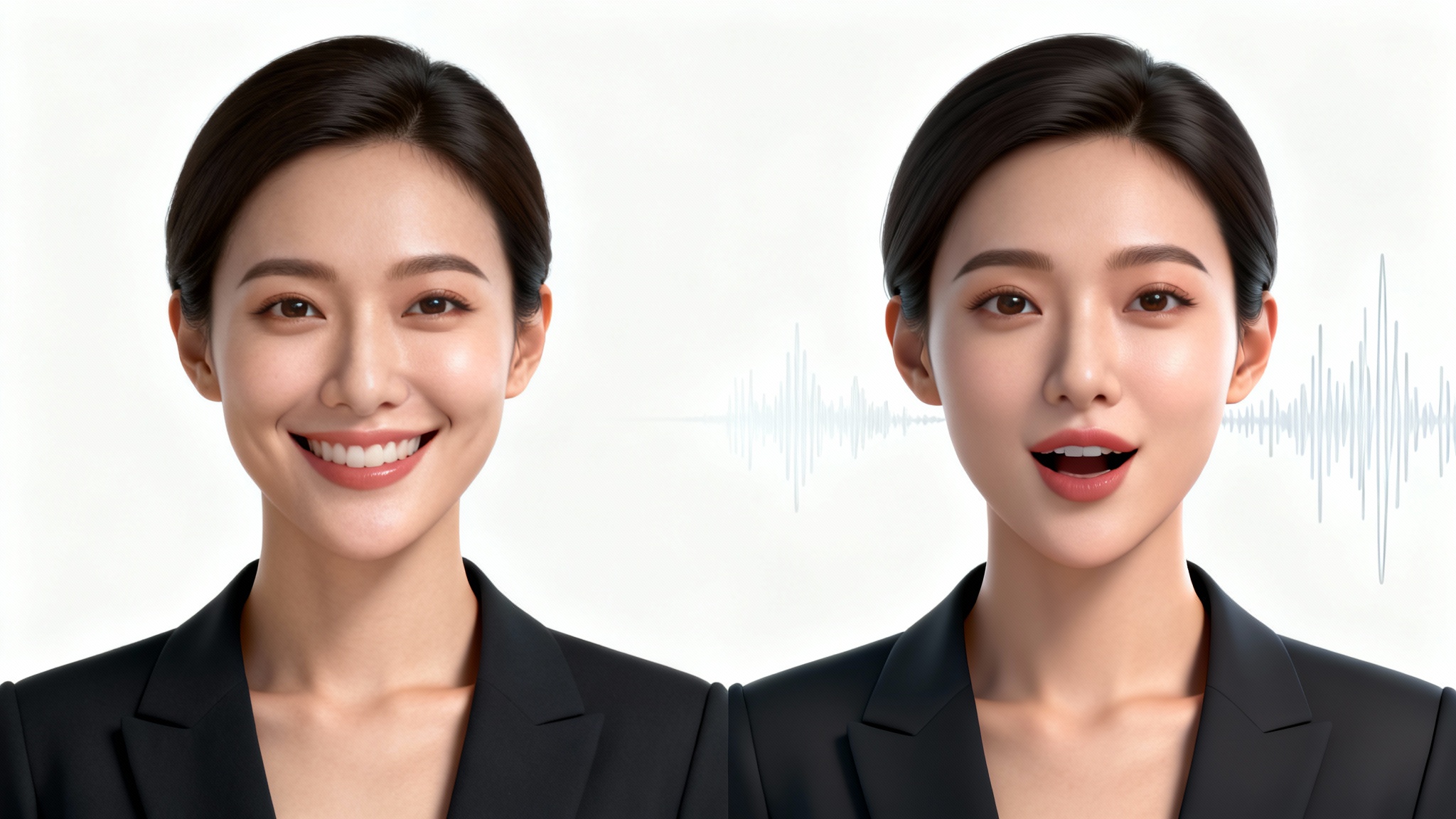 A comparative image showing a static photo of a woman on the left and an animated version of her speaking on the right, demonstrating the talking avatar feature.