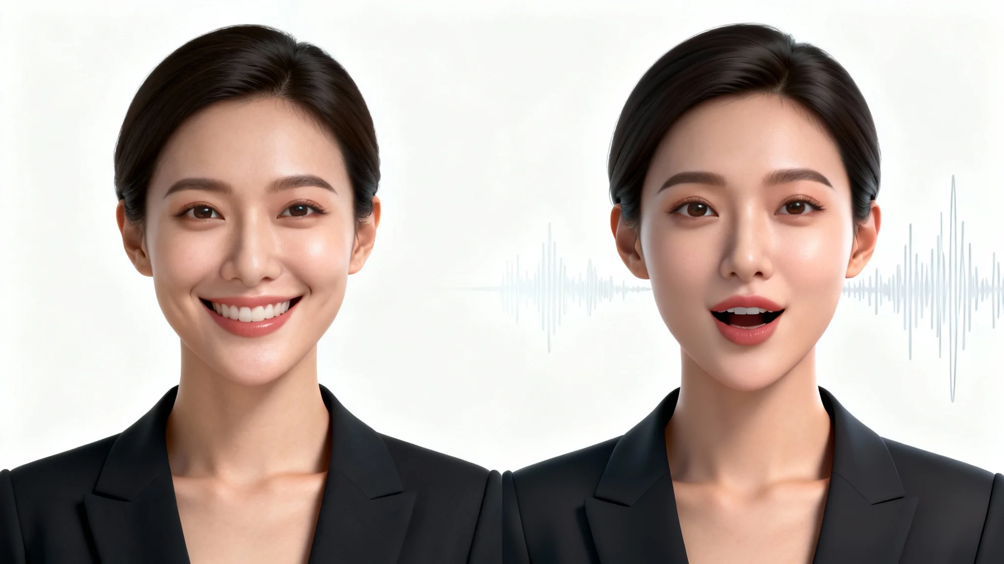 A comparative image showing a static photo of a woman on the left and an animated version of her speaking on the right, demonstrating the talking avatar feature.