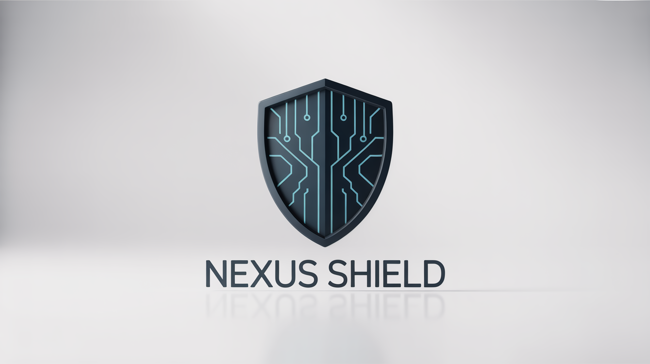 A modern tech security logo mockup featuring a dark gray shield emblem with glowing cyan circuit patterns. The fictional brand name 'NEXUS SHIELD' is written below. The logo is centered on a white background.