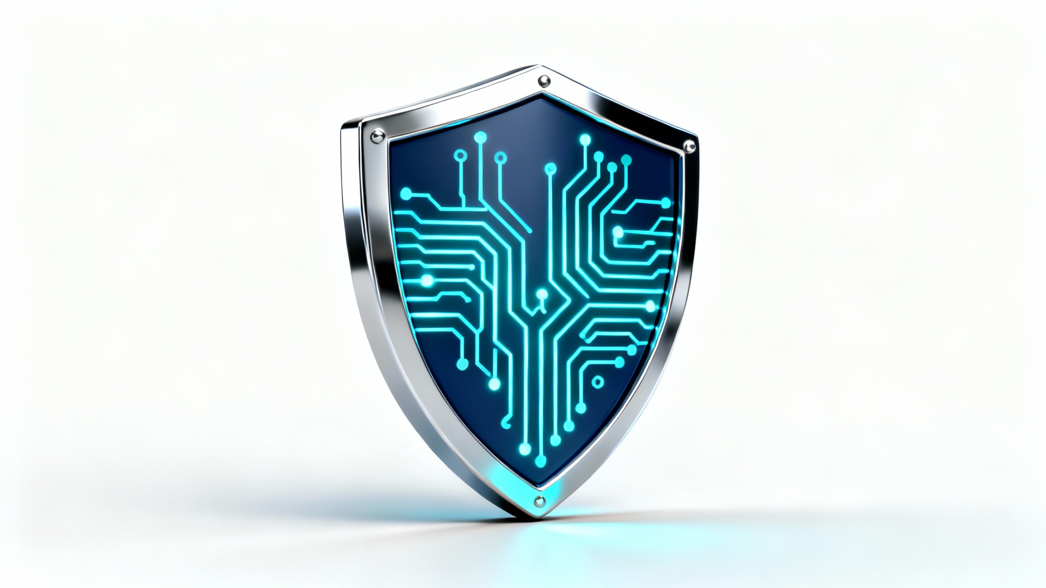 A modern, 3D rendered tech shield logo in chrome and dark blue, featuring glowing cyan circuit patterns, set against a plain white background, symbolizing digital security.