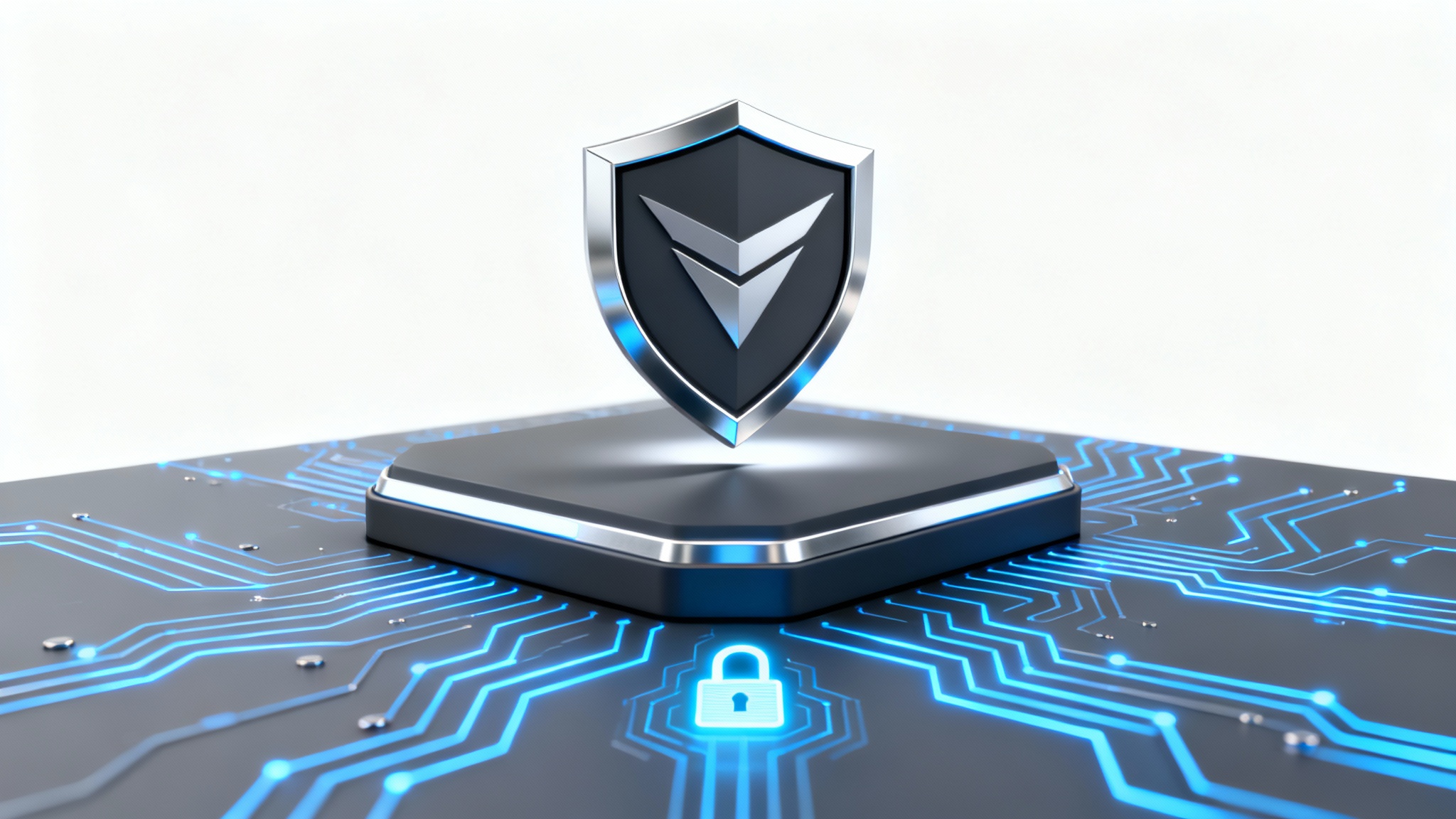 A 3D mockup of a futuristic tech shield logo in silver and dark gray, with glowing blue circuit lines, presented on a clean white background.