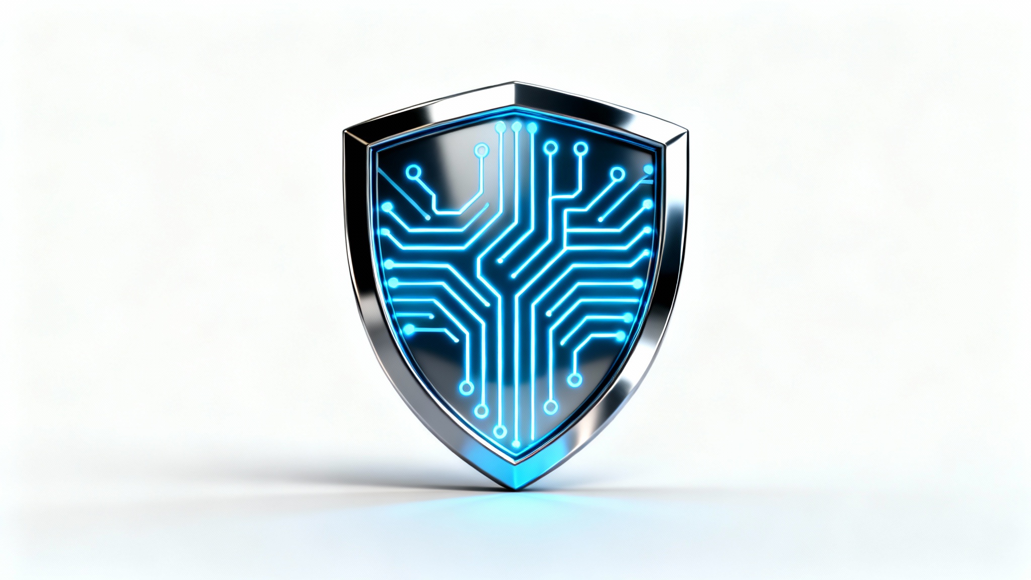 A sleek, modern tech shield logo with a metallic finish and glowing blue circuit patterns inside, on a white background.