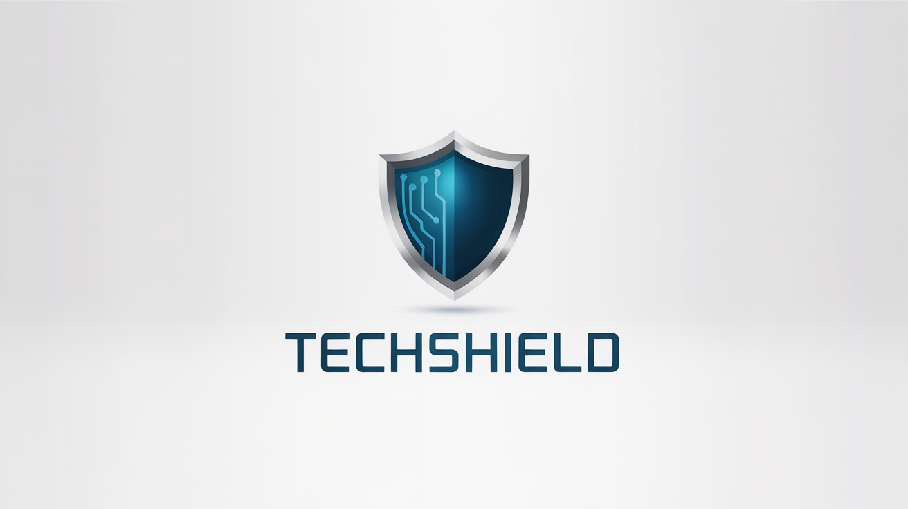A modern logo for a tech security company featuring a blue and silver shield with a circuit pattern, with the word 'TECHSHIELD' underneath, on a white background.