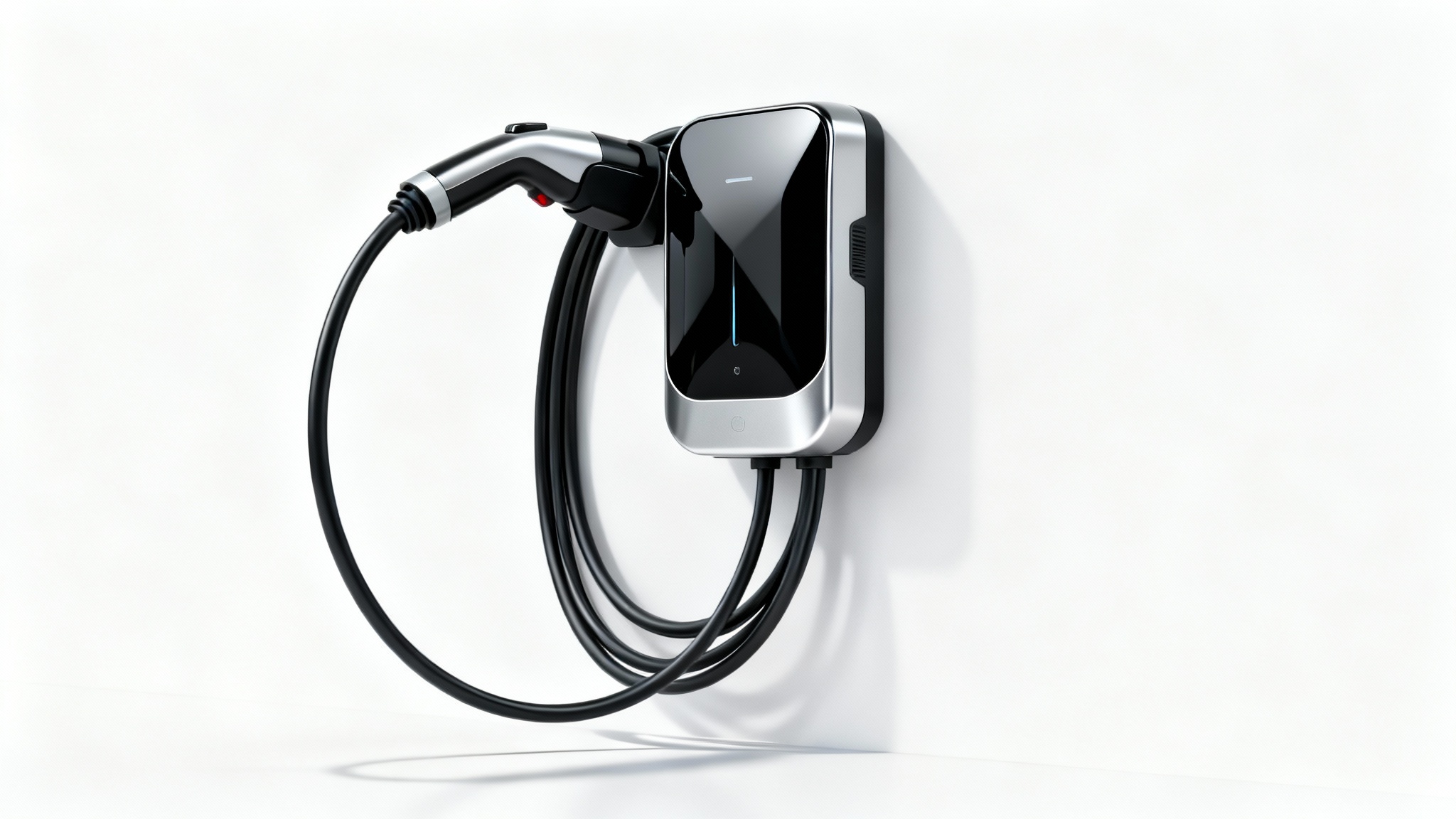 A high-quality image of a modern EV charger with its background perfectly removed, shown against a white backdrop to highlight the clean cutout.