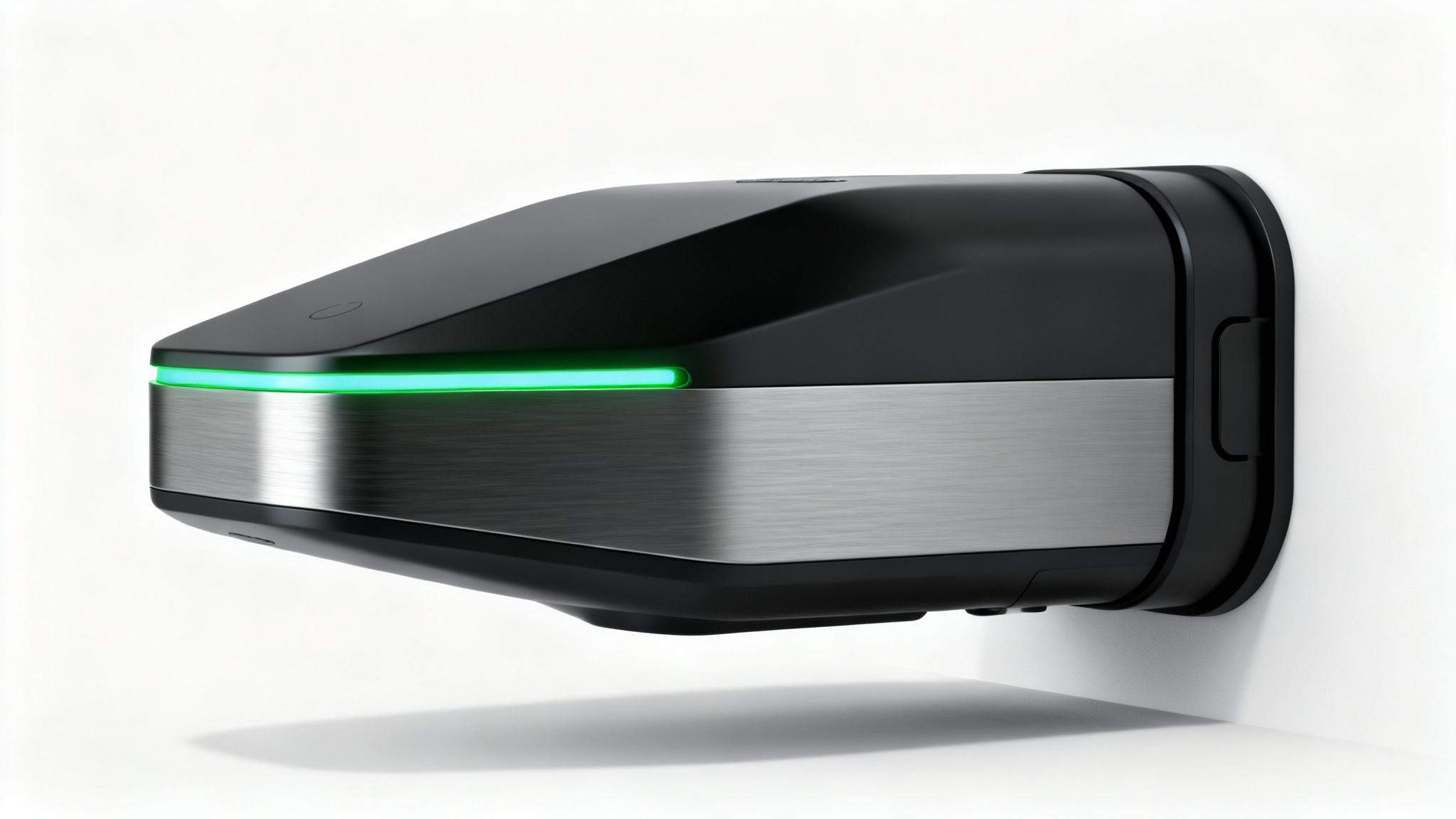 A sleek, modern wall-mounted EV charger with a matte black finish and a glowing green light, presented as a product shot on a clean white background.