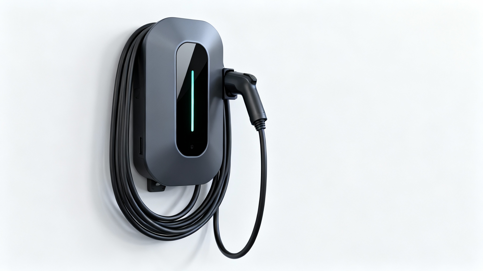 A modern, sleek, dark gray electric vehicle wall charger with a coiled black cable and a glowing green LED light, isolated against a plain white background.