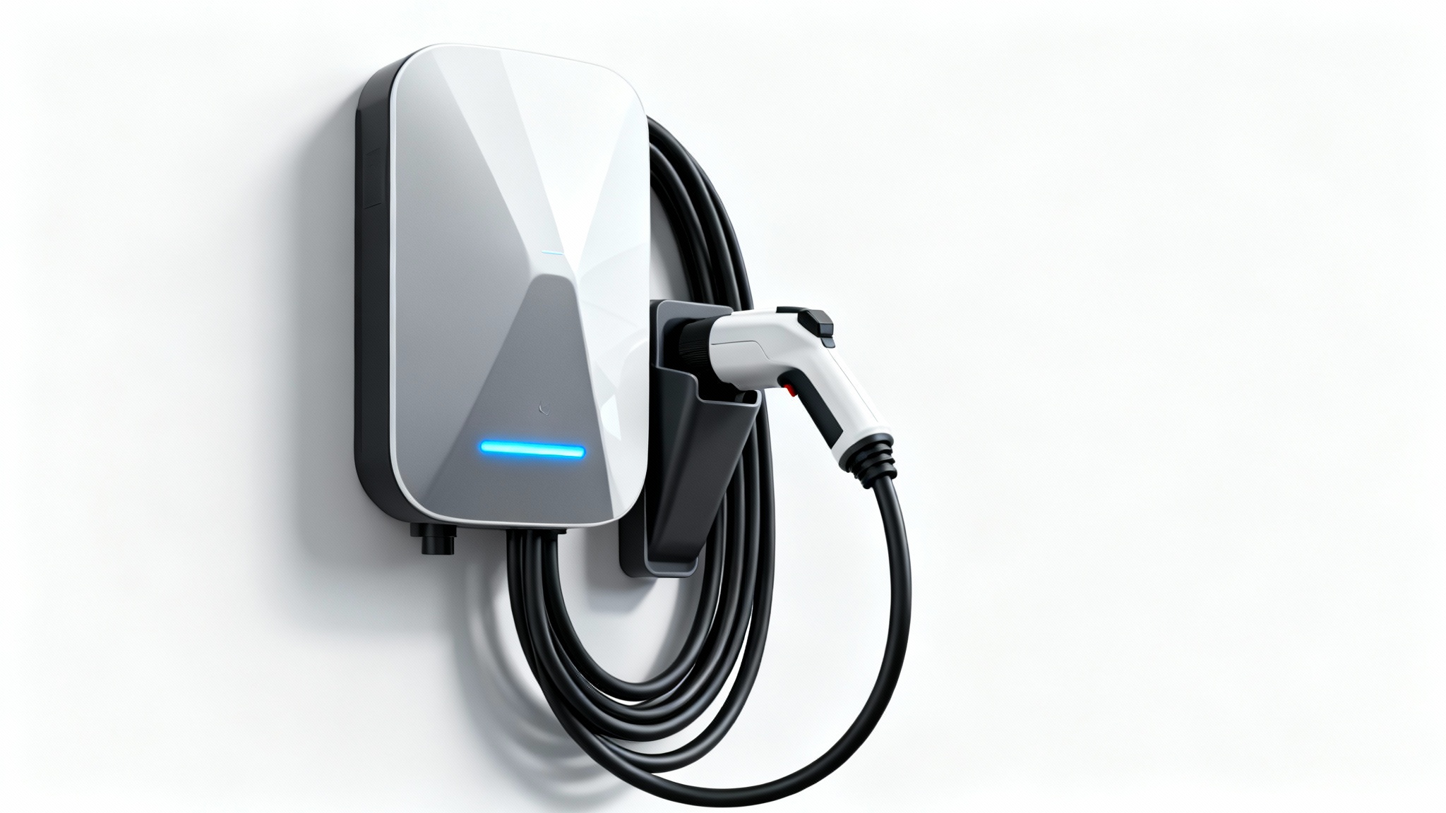 A sleek, modern wall-mounted electric vehicle charger with a glowing blue light, shown against a plain white background.