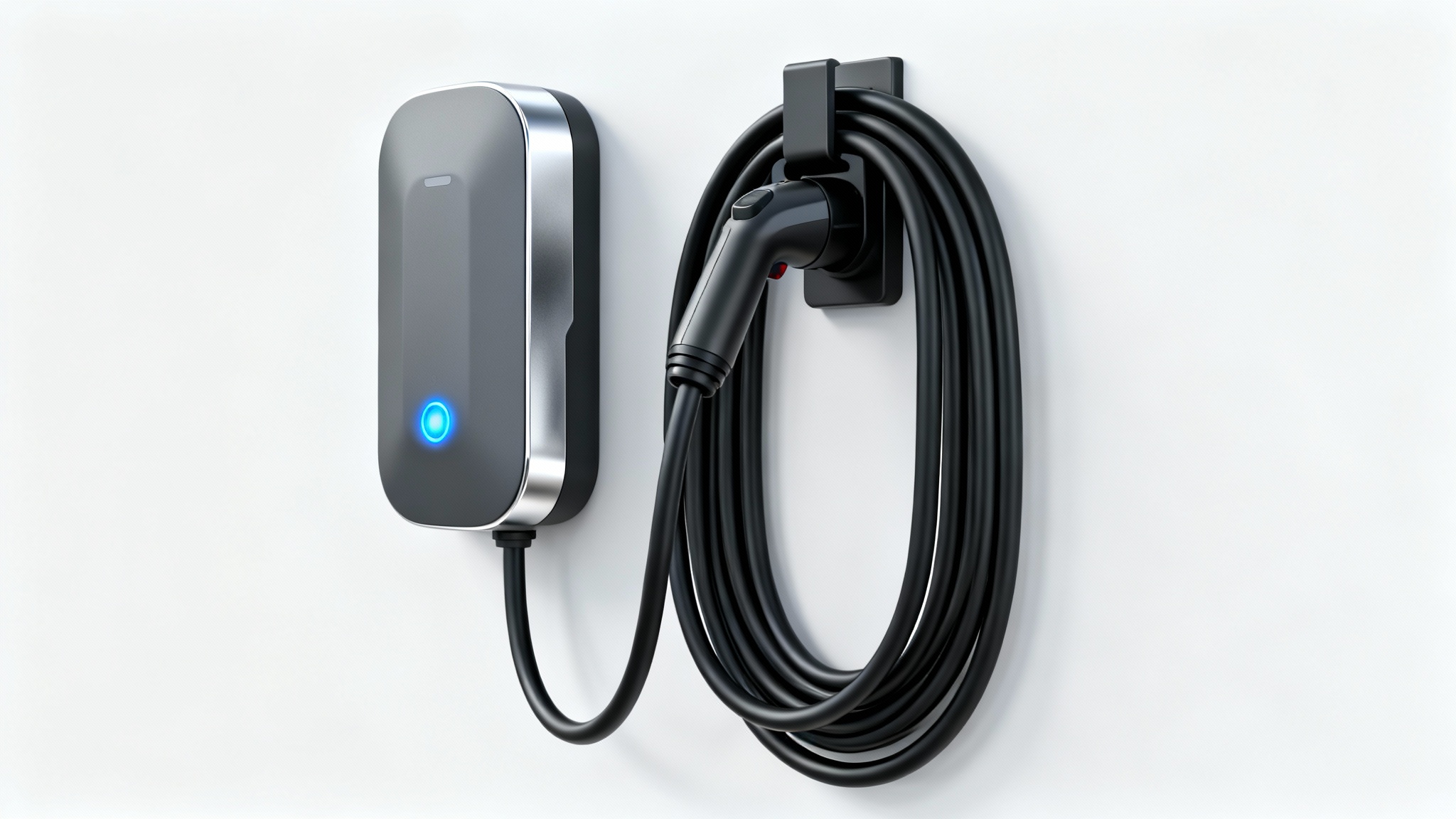 A sleek, modern wall-mounted EV charger in matte gray and silver, with its charging cable neatly coiled, isolated on a white background.