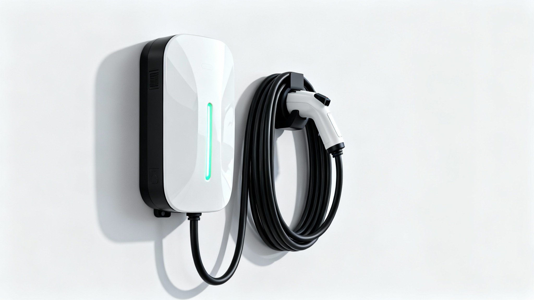 A sleek, modern wall-mounted EV charger with a glossy white finish and a coiled black cable, shown against a plain white background.