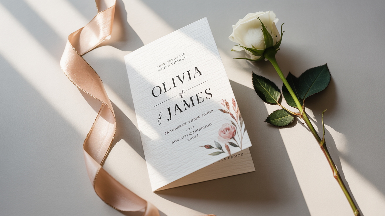 An elegant wedding order of service card displayed on a clean surface, decorated with a white rose and gold ribbon, showcasing a professional design template.