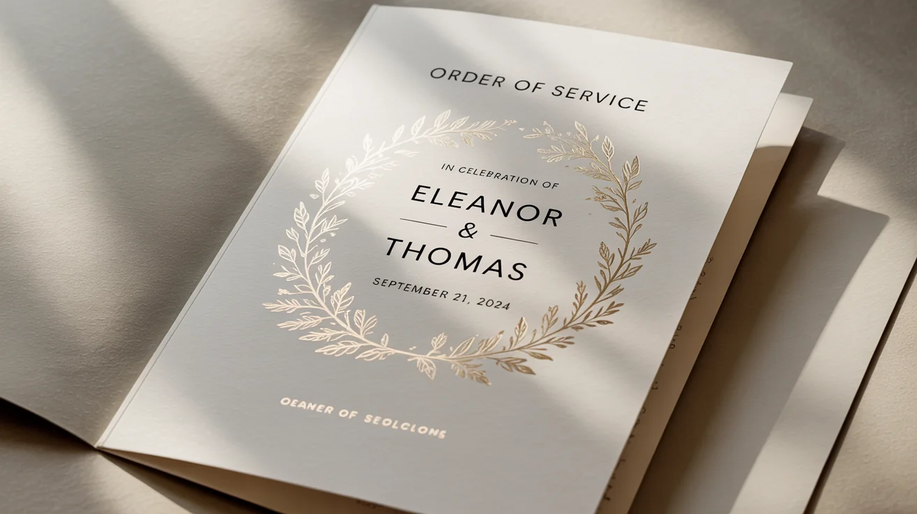 A professional mockup of a classic wedding order of service booklet with gold foil text and a botanical wreath, standing on a clean white background.