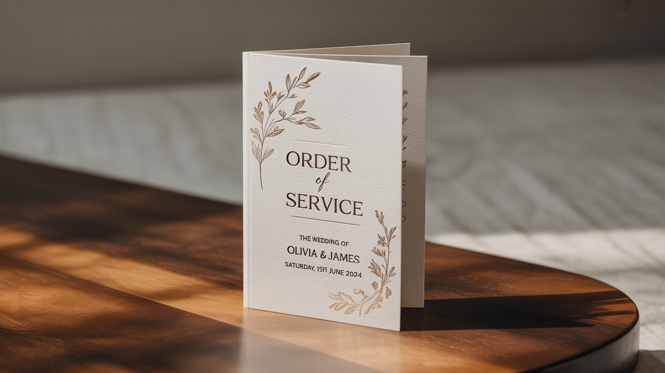 An elegant, modern order of service booklet for a wedding, featuring gold foil details and typography on a clean white background.