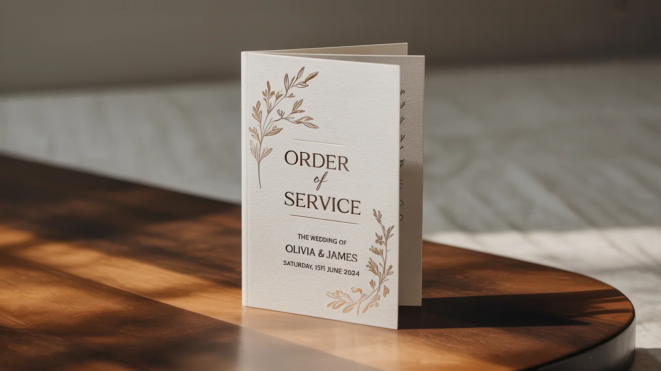 An elegant, modern order of service booklet for a wedding, featuring gold foil details and typography on a clean white background.