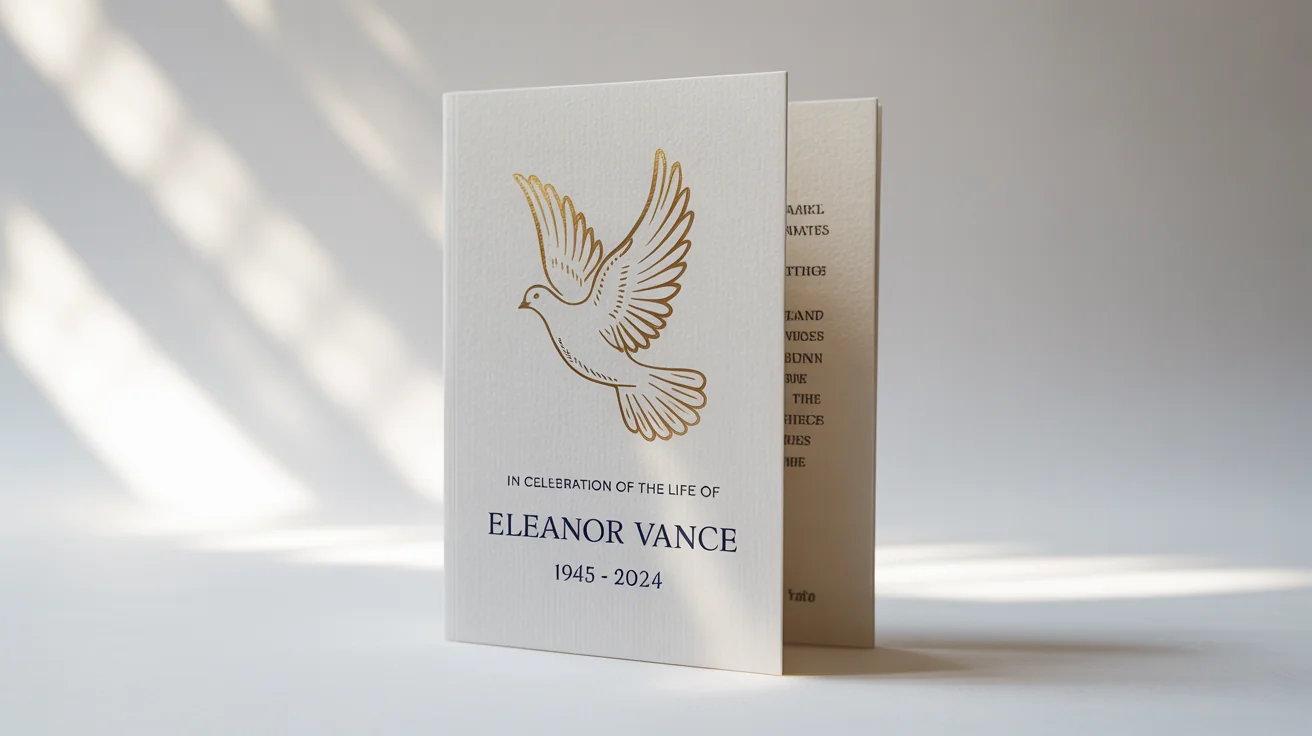 A photorealistic mockup of a formal order of service booklet for a memorial, featuring elegant text and a gold foil dove on a clean white background.