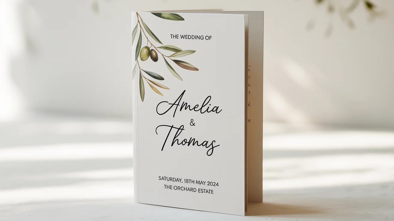 An elegant wedding order of service booklet mockup for 'Amelia & Thomas', featuring a watercolor olive branch design, set against a plain white background.