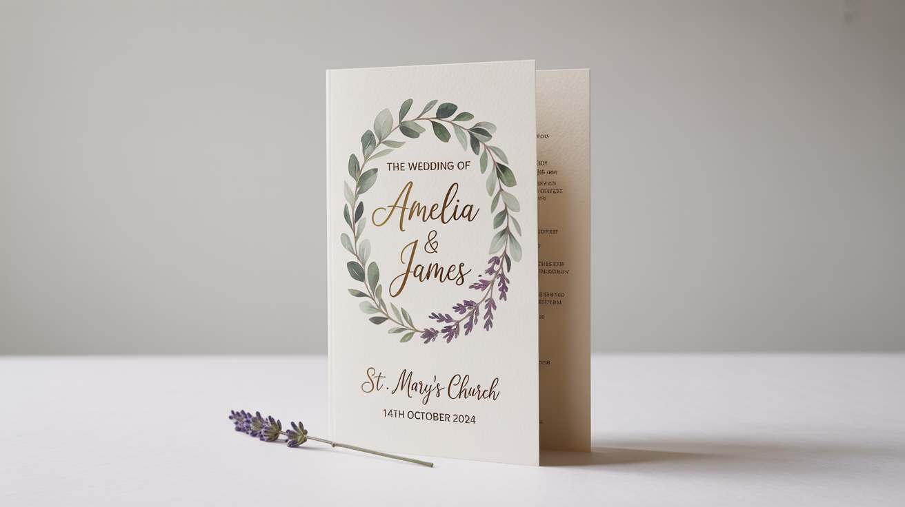 A professional mockup of an elegant wedding order of service booklet on a white background. The cover features a watercolor floral wreath and gold foil text reading 'The Wedding of Amelia & James'.