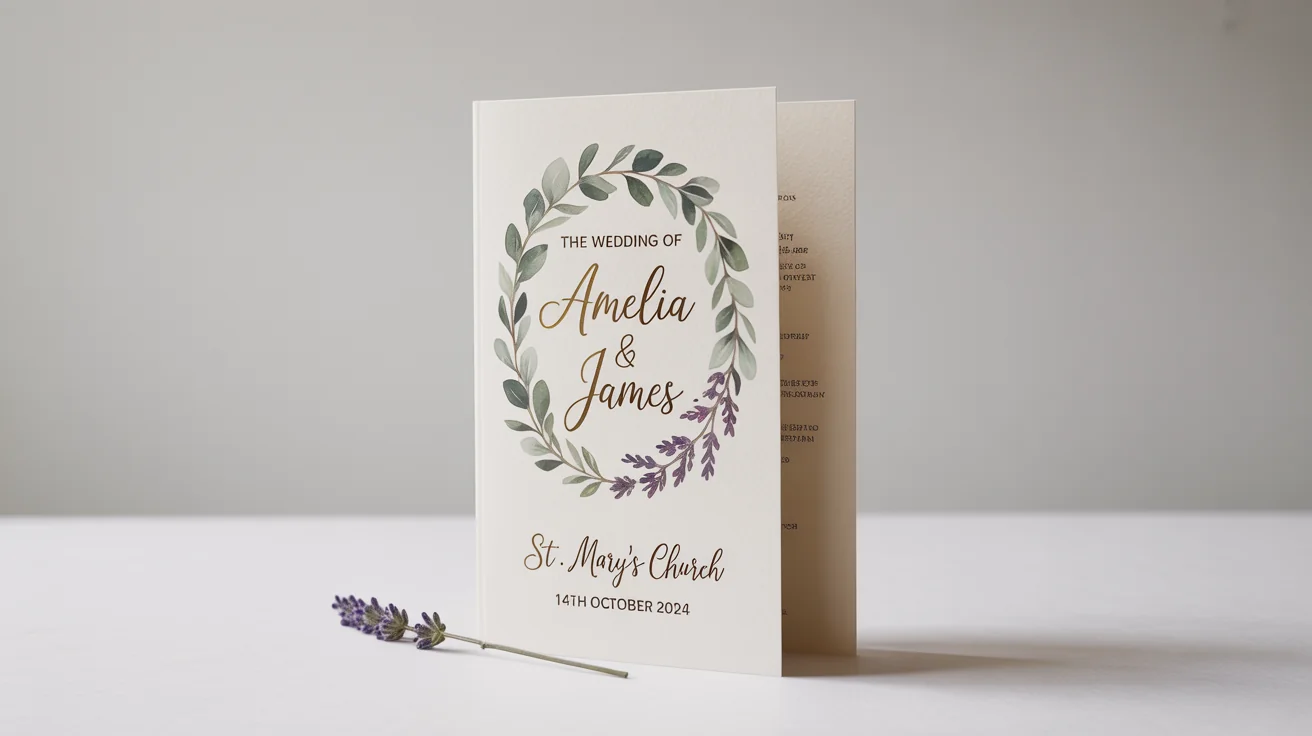 A professional mockup of an elegant wedding order of service booklet on a white background. The cover features a watercolor floral wreath and gold foil text reading 'The Wedding of Amelia & James'.