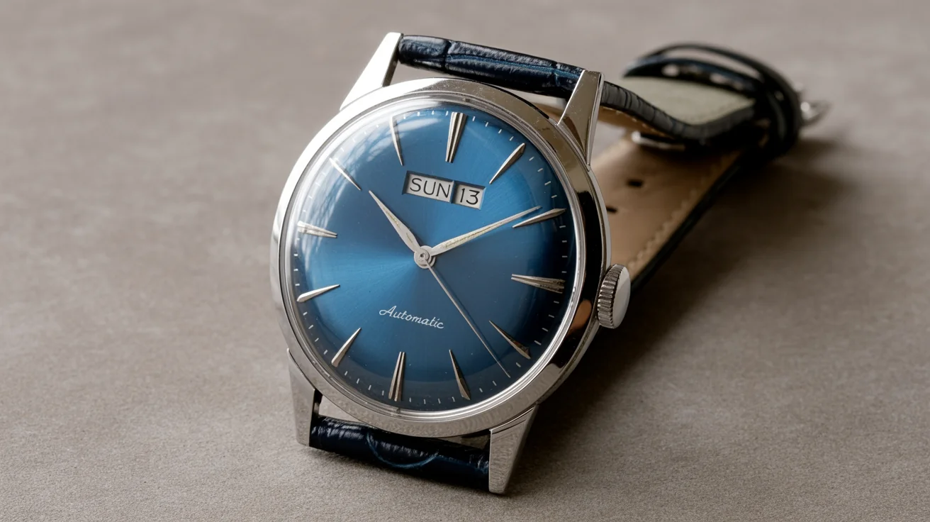A stunning hero image showing a close-up of a perfectly restored men's watch with a deep blue dial, silver hands, and a black leather strap, demonstrating a flawless watch dial restoration.