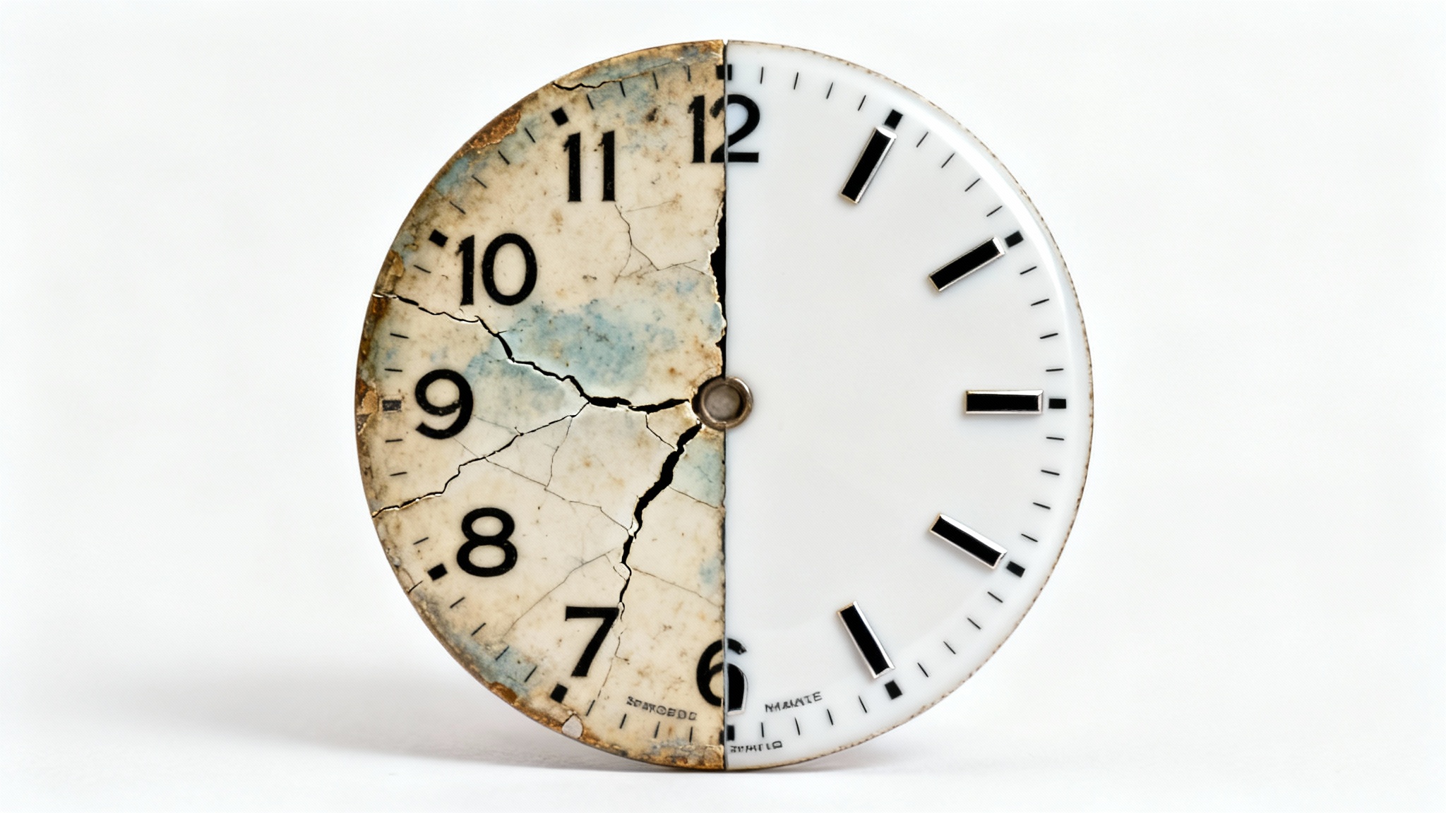 A close-up photo of a vintage watch dial, split in two to show a before-and-after comparison. The left side is old and damaged, while the right side is perfectly restored and looks new, demonstrating the effect of watch dial restoration.