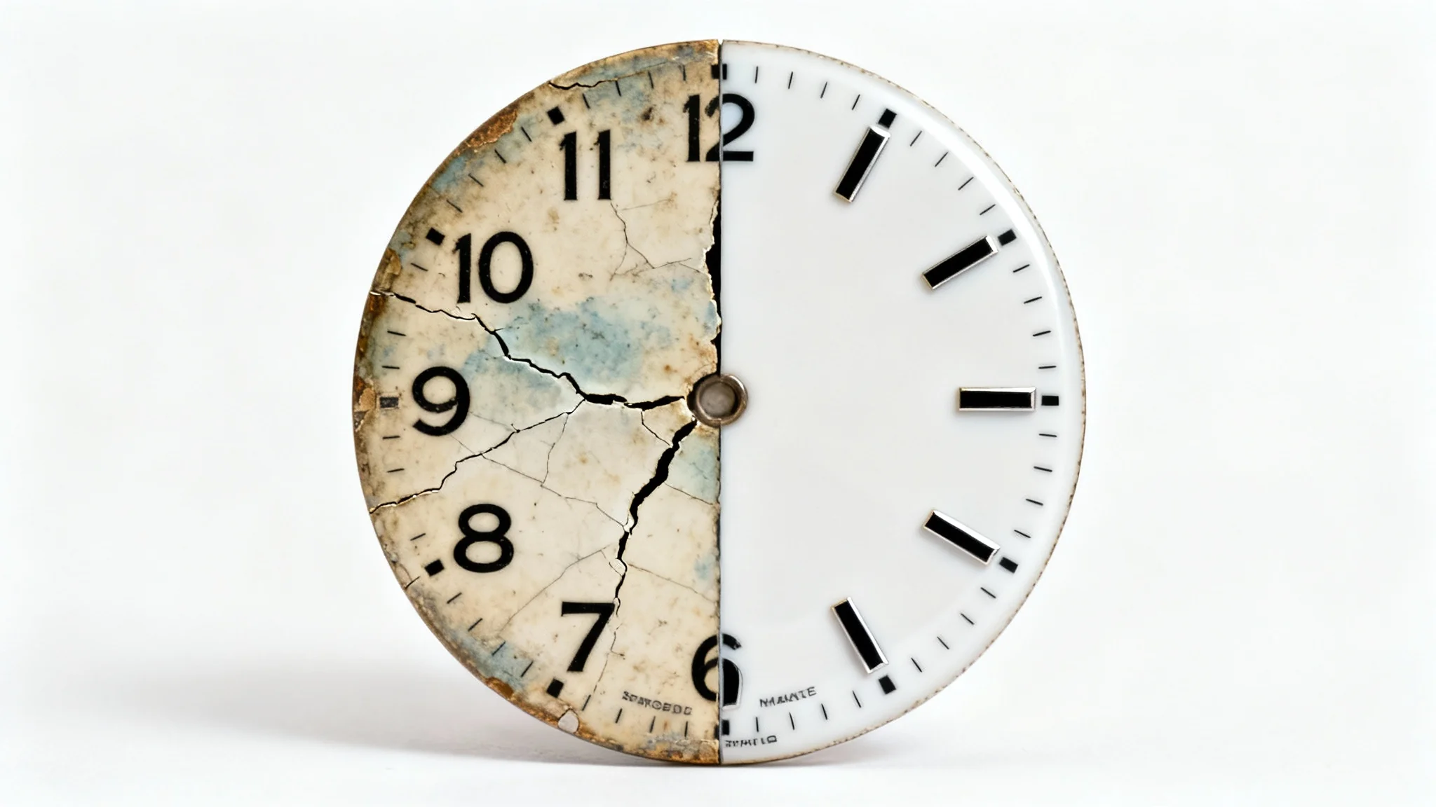 A close-up photo of a vintage watch dial, split in two to show a before-and-after comparison. The left side is old and damaged, while the right side is perfectly restored and looks new, demonstrating the effect of watch dial restoration.