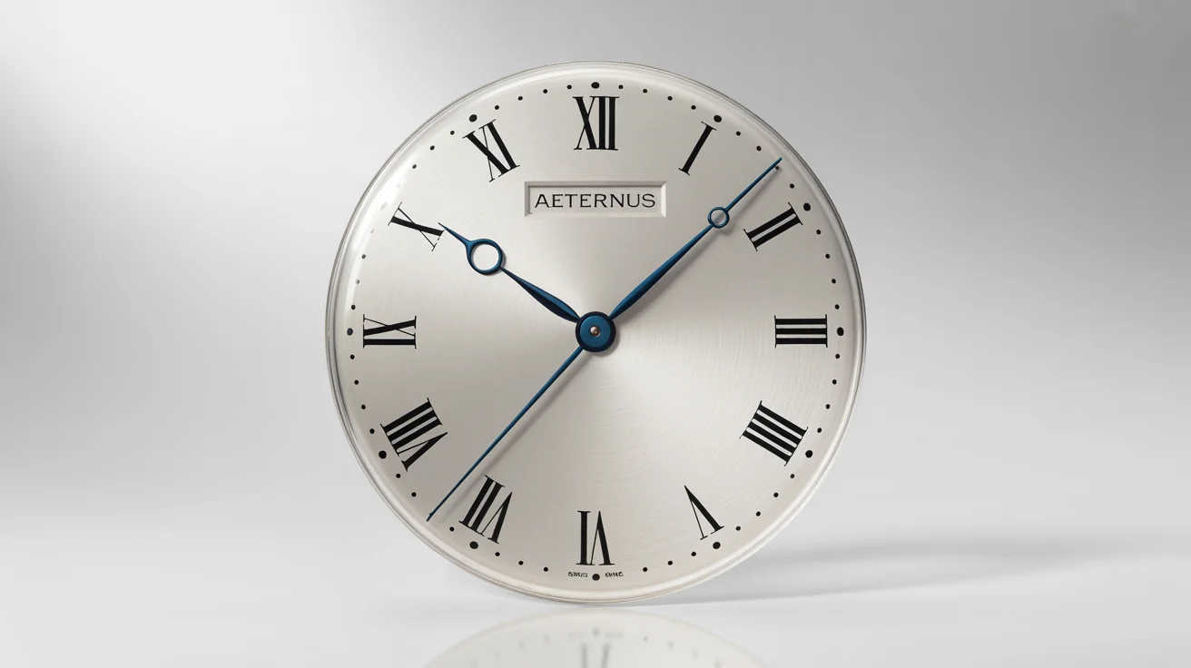 A hyper-realistic close-up of a perfectly restored vintage watch dial on a white background, featuring a white face, black Roman numerals, the brand name 'AETERNUS', and elegant blue hands.
