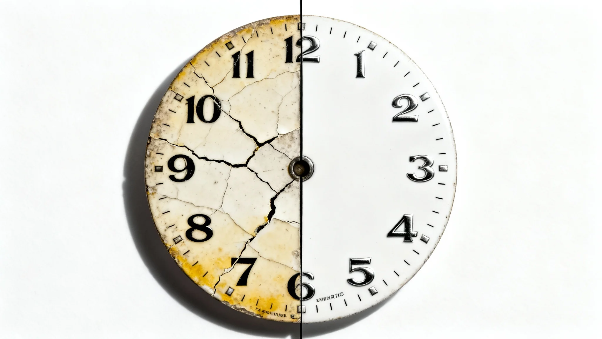 A close-up image showing a before and after of a watch dial restoration. The left side is old and cracked, and the right side is perfectly restored and new.