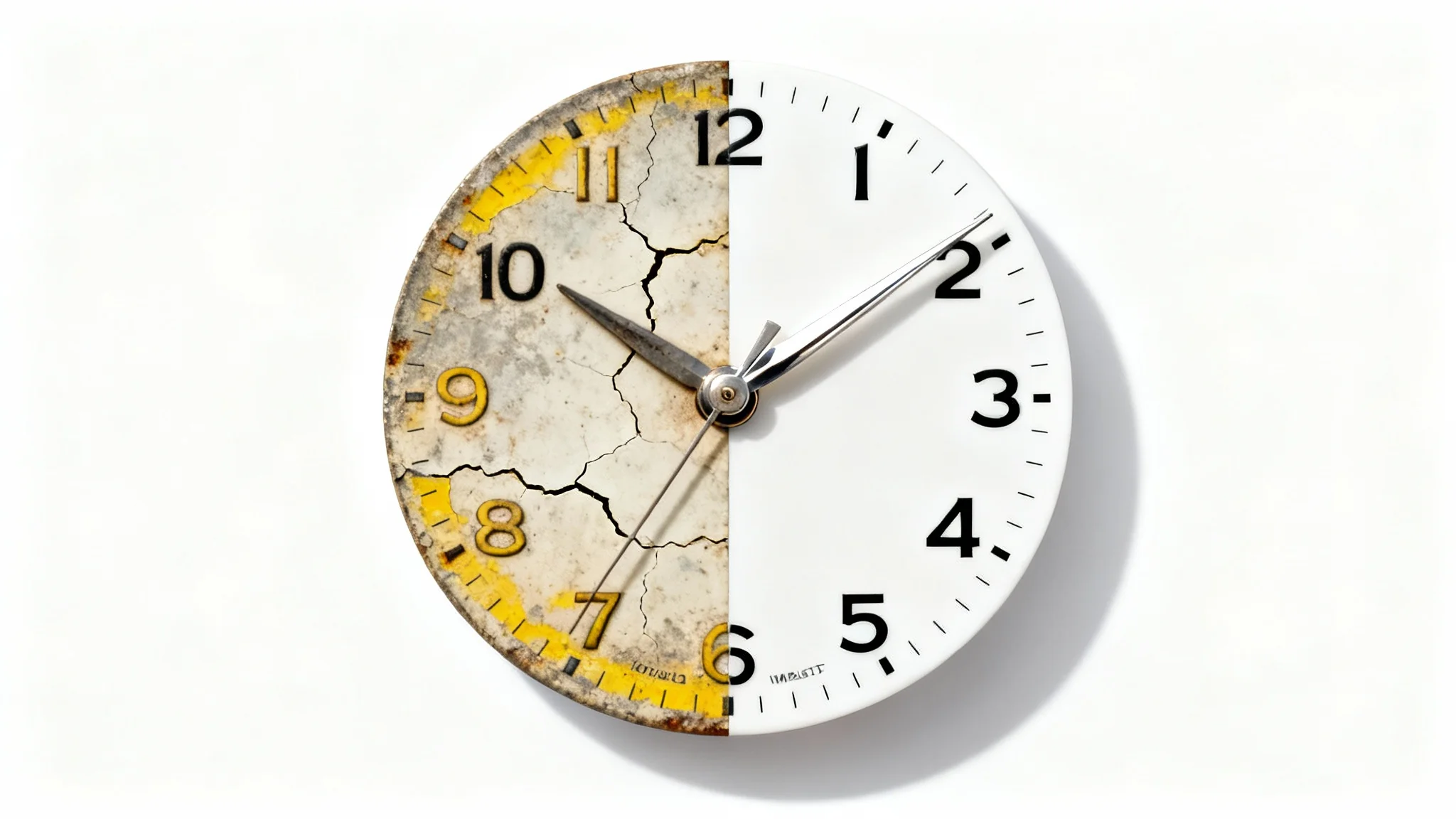 A dramatic before-and-after macro photo of a watch dial being restored. The left side is old and tarnished, while the right side is pristine and new-looking, set against a clean white background.