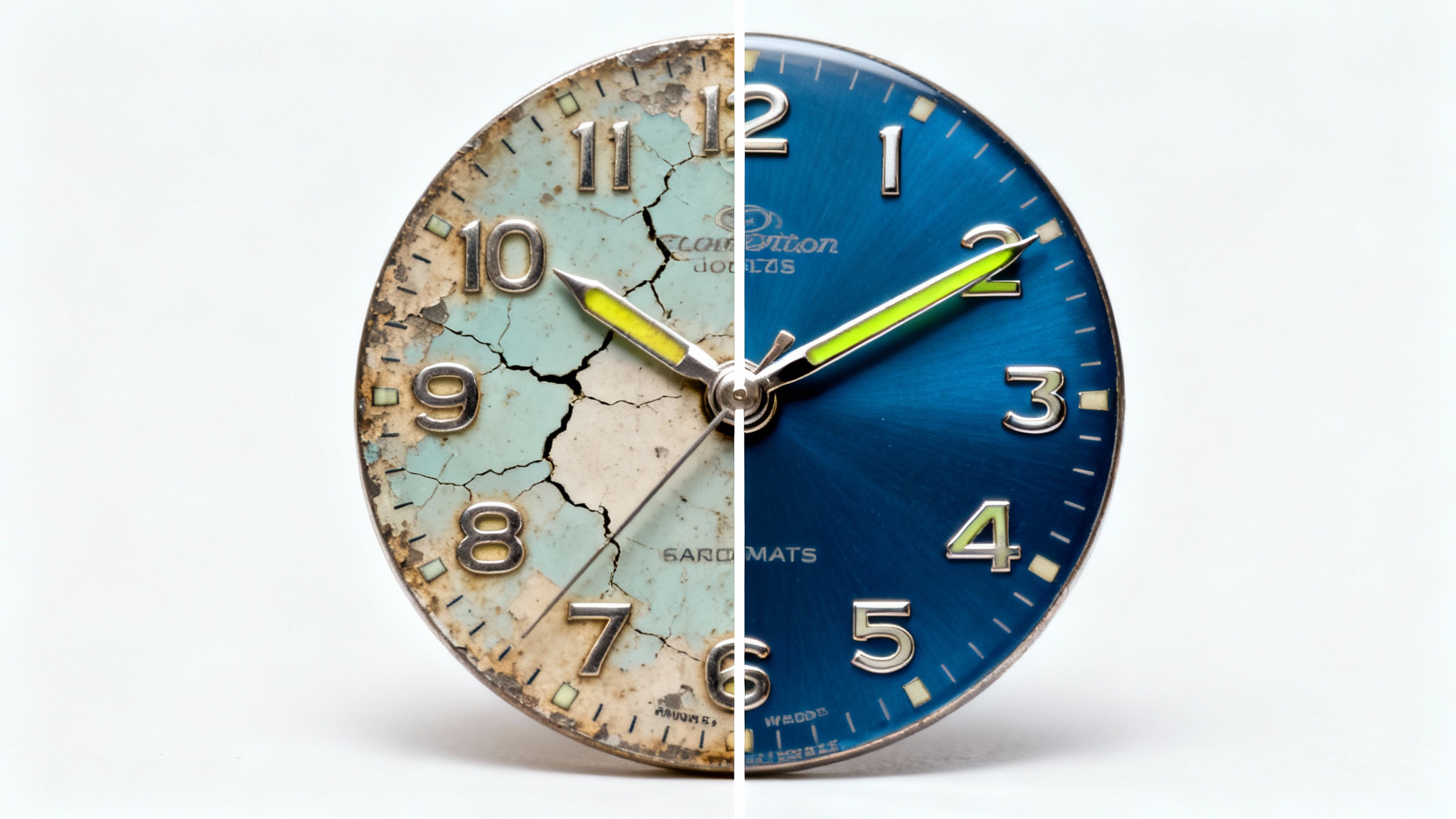 A close-up view of a vintage watch face, split in half to show a before-and-after of a restoration. The left side is old and faded, while the right side is clean, new, and perfectly restored.