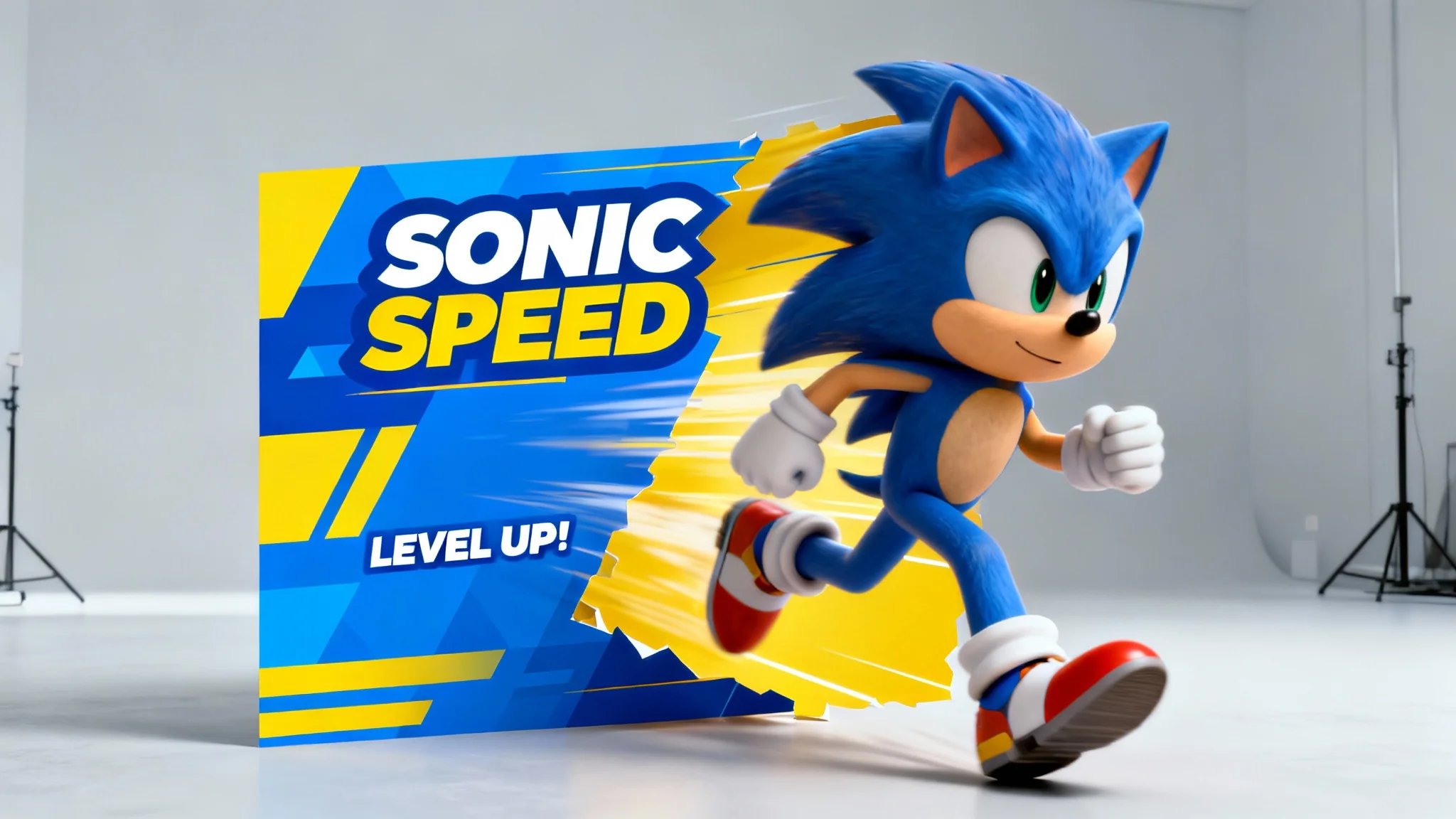 Sonic the Hedgehog flawlessly cut out from his background and placed onto a modern, colorful graphic design for a social media post, demonstrating a perfect transparent background effect.