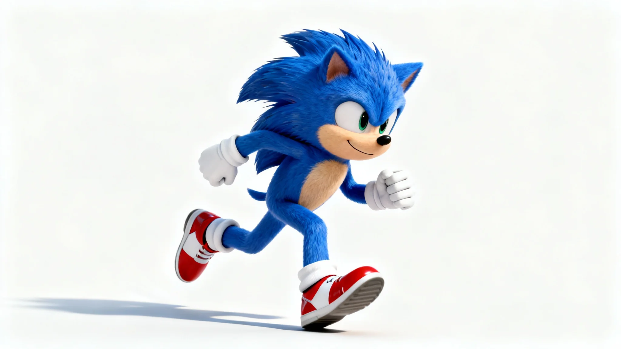 A 3D render of Sonic the Hedgehog in a dynamic running pose, isolated against a clean white background.