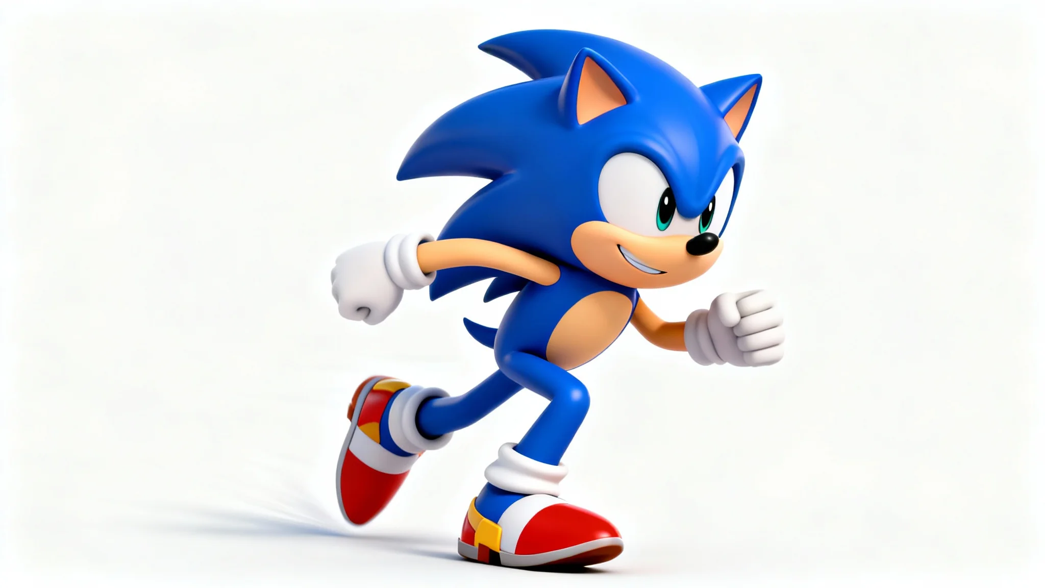 A digital illustration of Sonic the Hedgehog in a dynamic running pose against a solid white background, showcasing his speed and confident attitude.