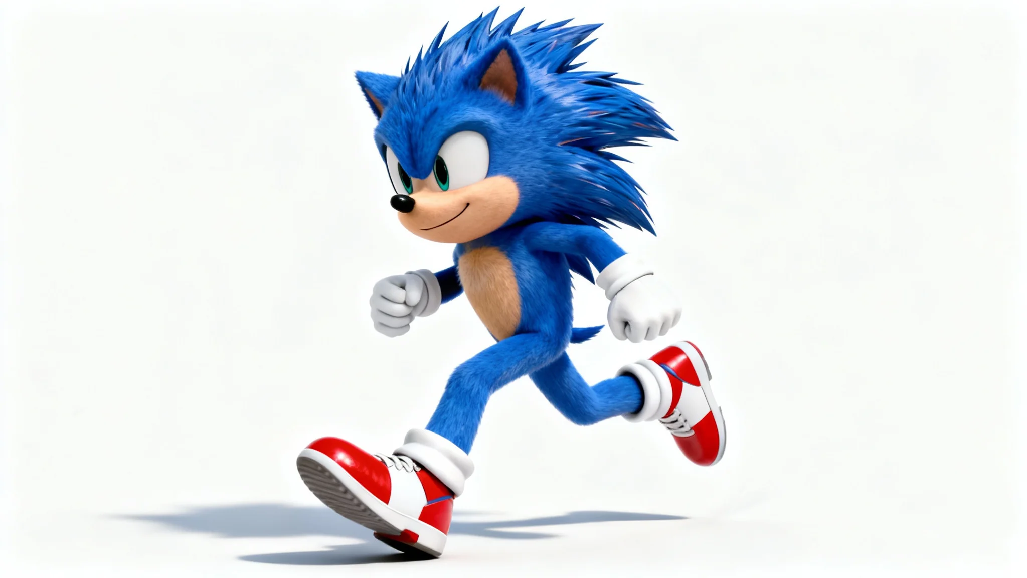 A full-body 3D render of Sonic the Hedgehog in a dynamic running pose against a plain white background, showcasing the character ready for background removal.
