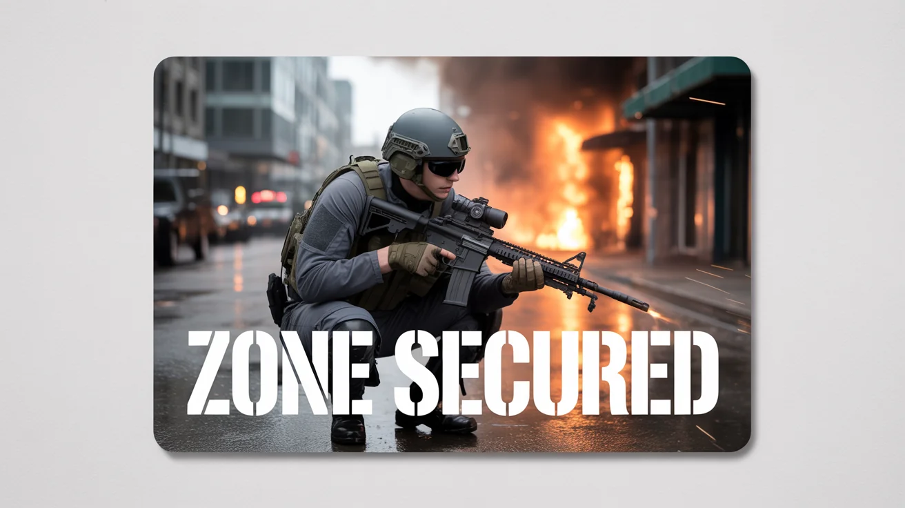 A mockup of a Call of Duty video game thumbnail featuring a soldier in a war-torn city with the text 'ZONE SECURED' displayed on a white background.