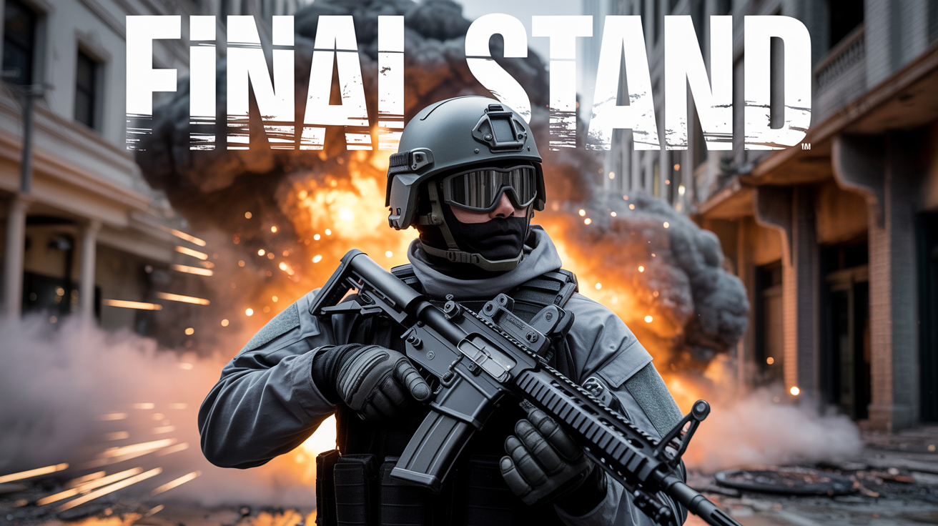 A cinematic thumbnail for a Call of Duty style game, showing a soldier in tactical gear standing in a war-torn city with an explosion in the background and the text 'FINAL STAND'.