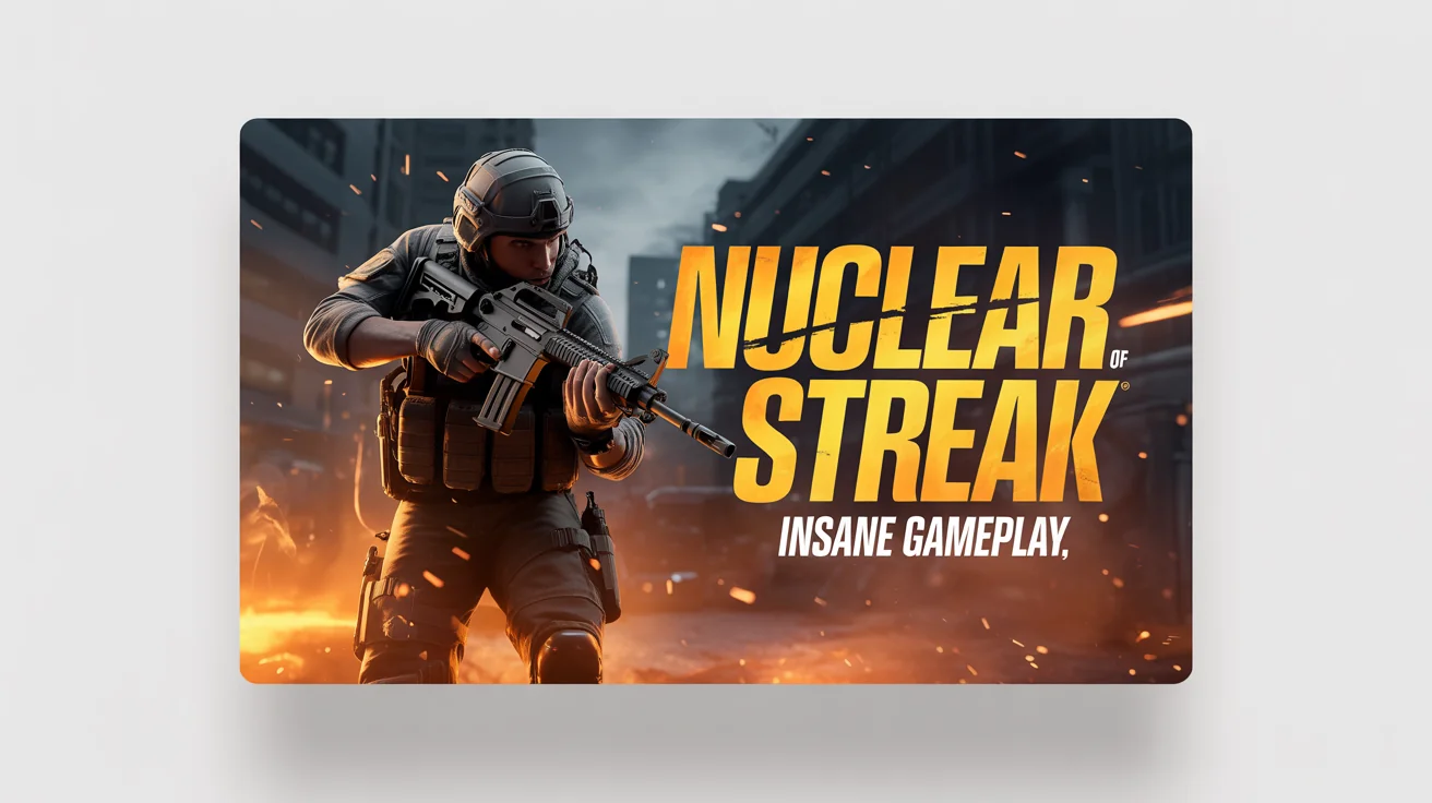 A mockup of a Call of Duty style YouTube thumbnail featuring a soldier in a war zone. The thumbnail has text that reads 'NUCLEAR STREAK' and 'INSANE GAMEPLAY'.