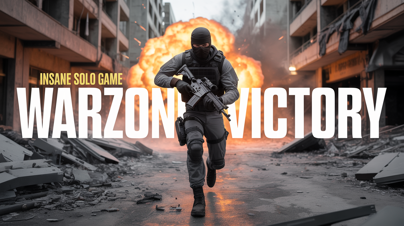 A Call of Duty style gaming thumbnail showing a soldier running from a fiery explosion in a war-torn city, with text overlay reading 'WARZONE VICTORY' and 'INSANE SOLO GAME'.