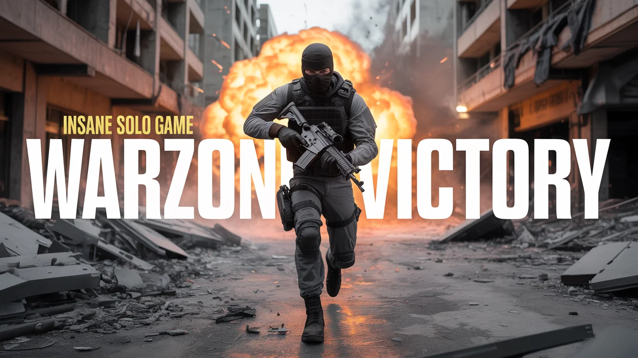 A Call of Duty style gaming thumbnail showing a soldier running from a fiery explosion in a war-torn city, with text overlay reading 'WARZONE VICTORY' and 'INSANE SOLO GAME'.