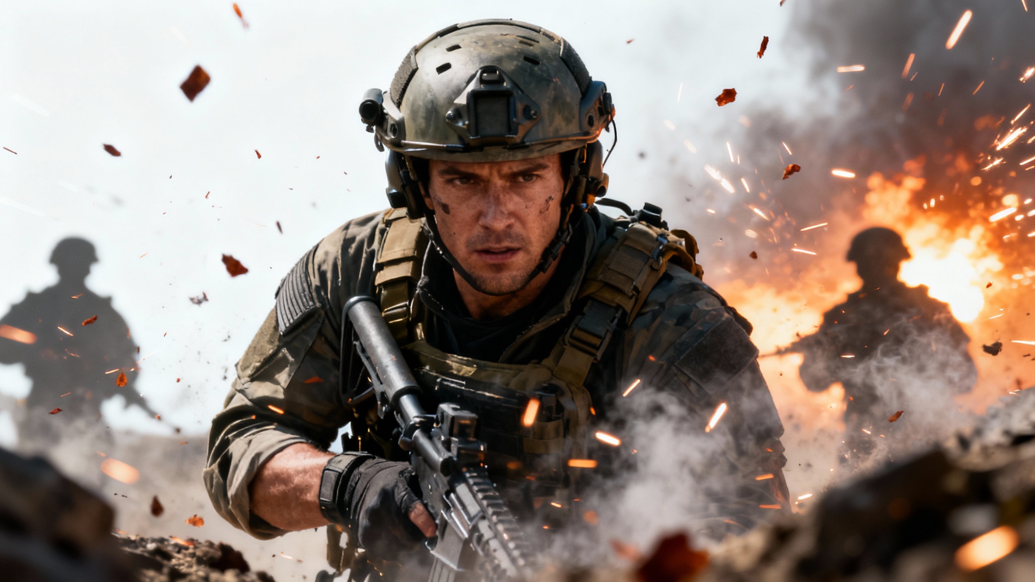 A mockup of a Call of Duty-style thumbnail showing a soldier in a dramatic, action-packed battlefield scene, presented against a clean white background.