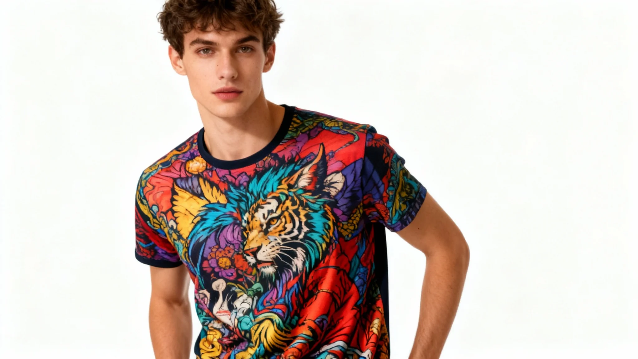A professional product photograph of a model wearing a t-shirt with a vibrant graphic design against a clean studio background, representing the final output of a clothing mockup tool.