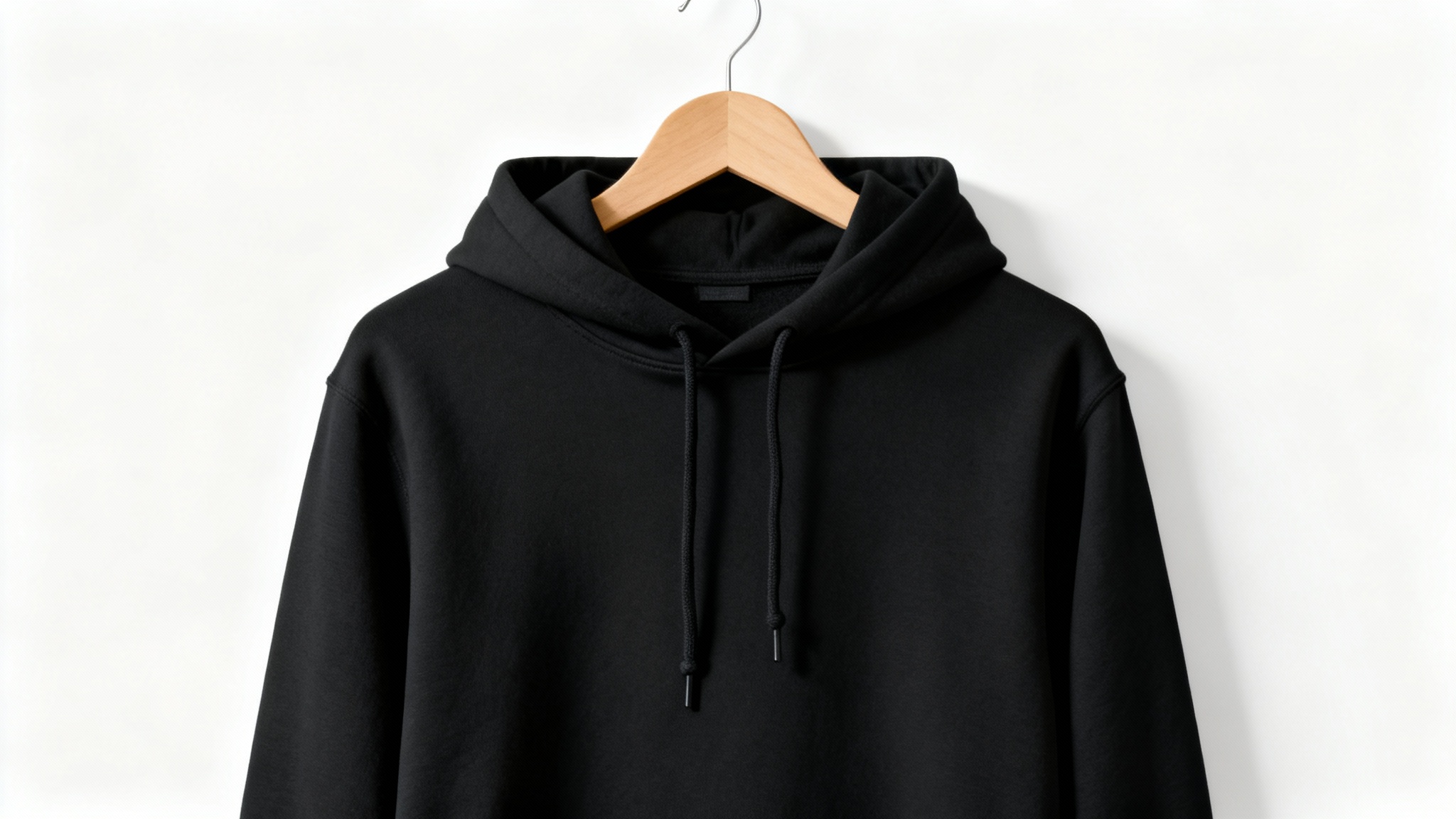 A photorealistic mockup of a black hoodie hanging on a wooden hanger against a clean white background, ready for a custom design.