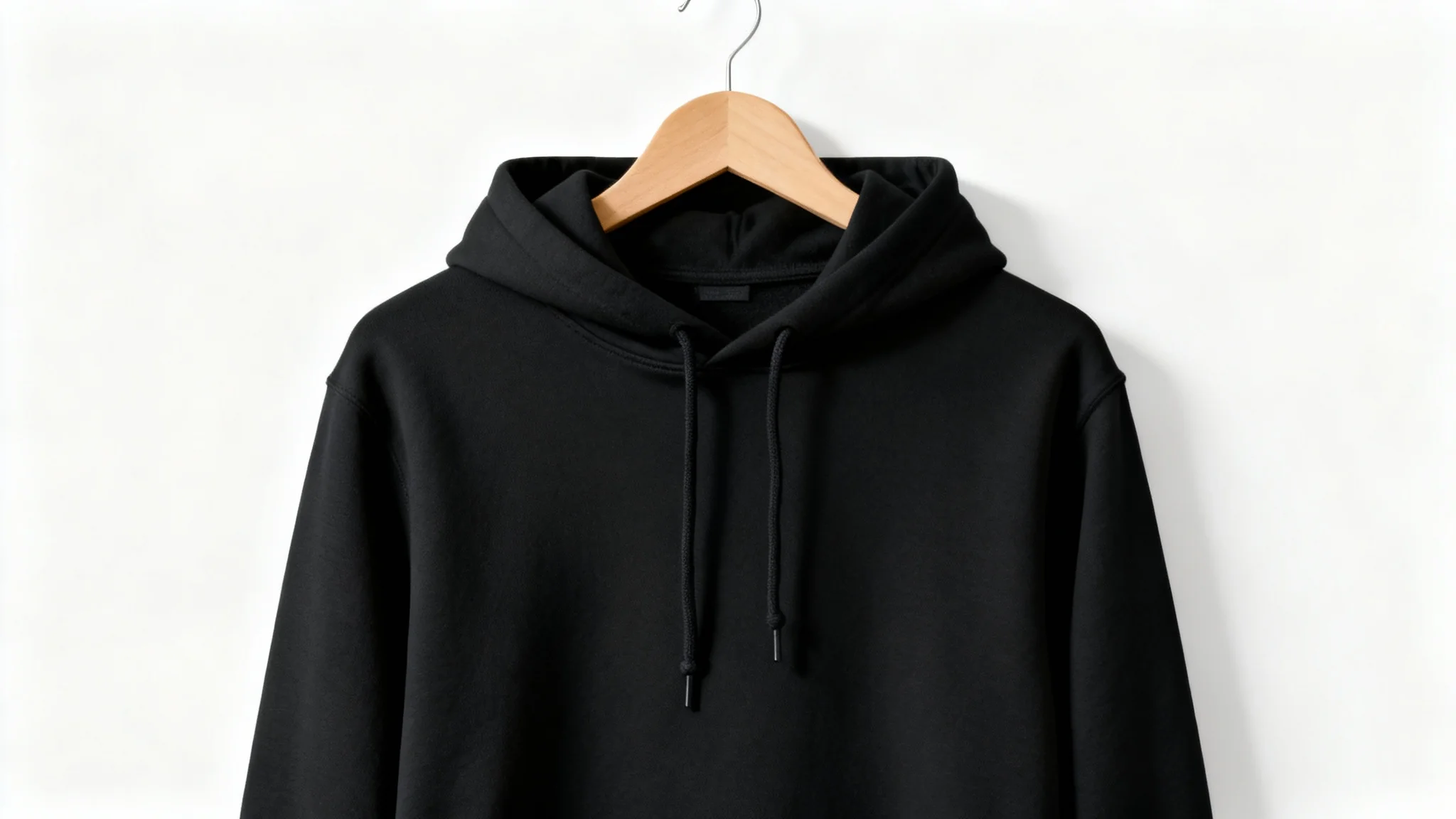 A photorealistic mockup of a black hoodie hanging on a wooden hanger against a clean white background, ready for a custom design.