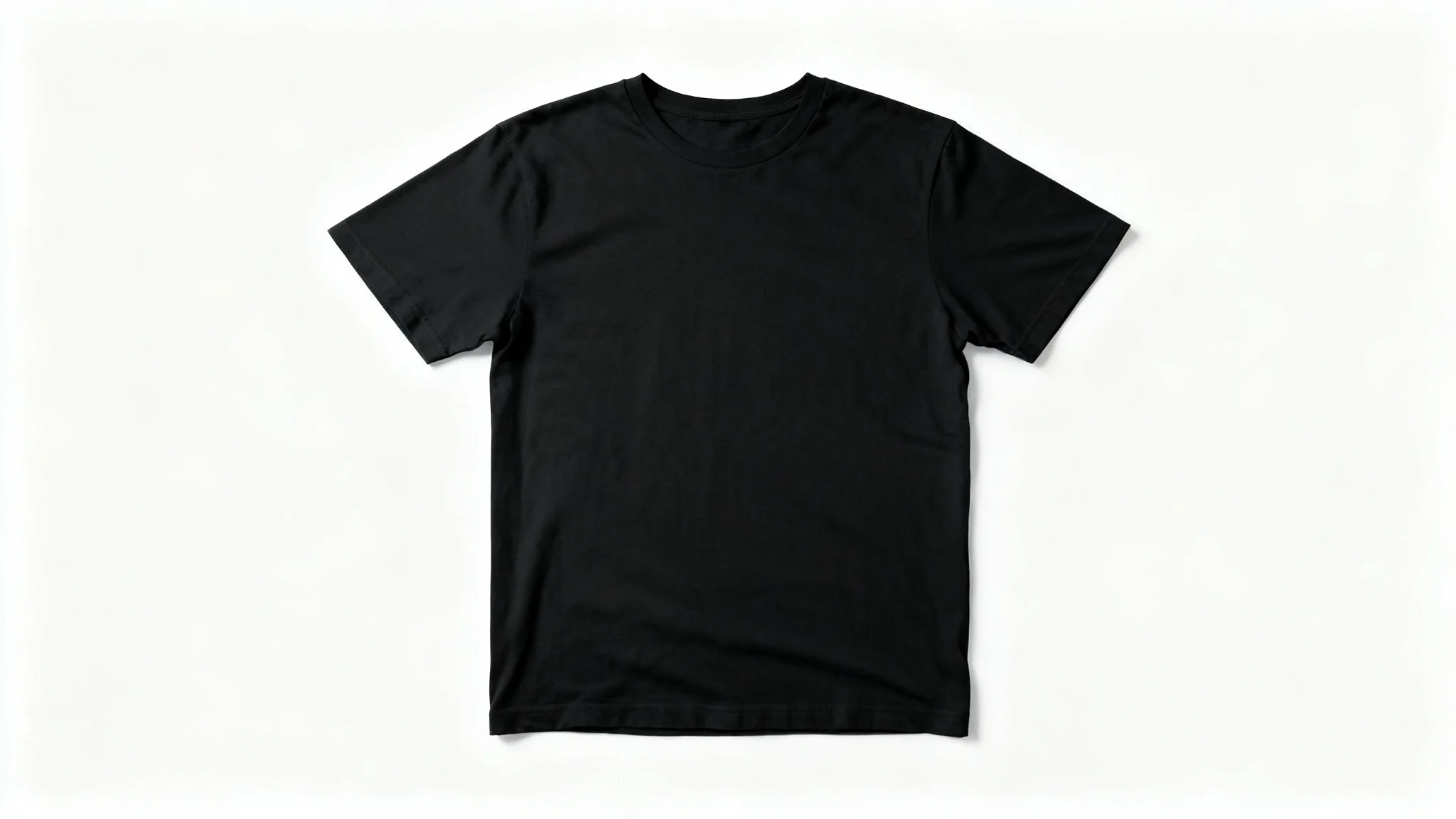 A high-quality black t-shirt laid flat on a white background, serving as a clean and professional clothing mockup.